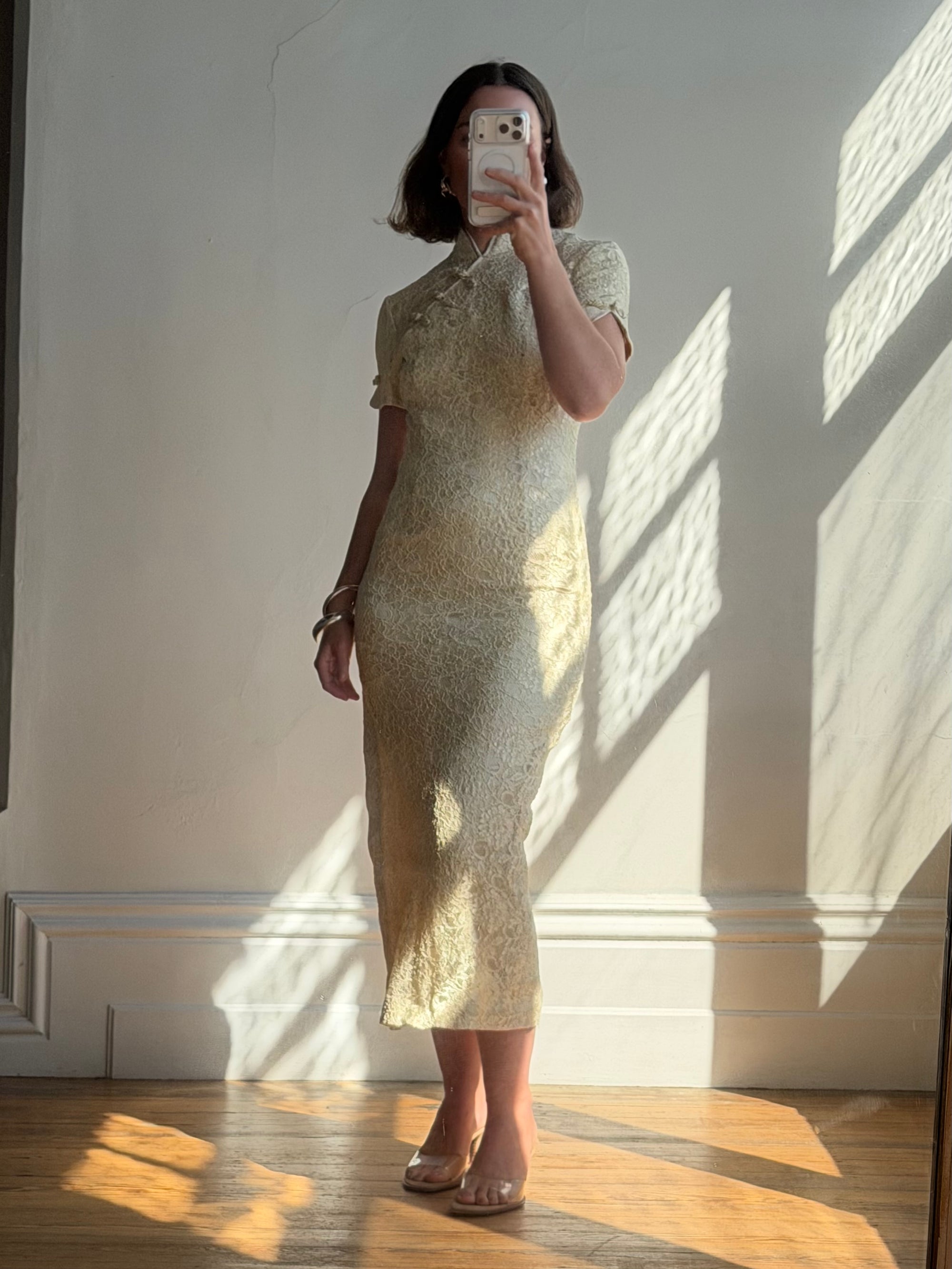 Vintage 90s Mandarin Collar Guipure Lace Midi Dress