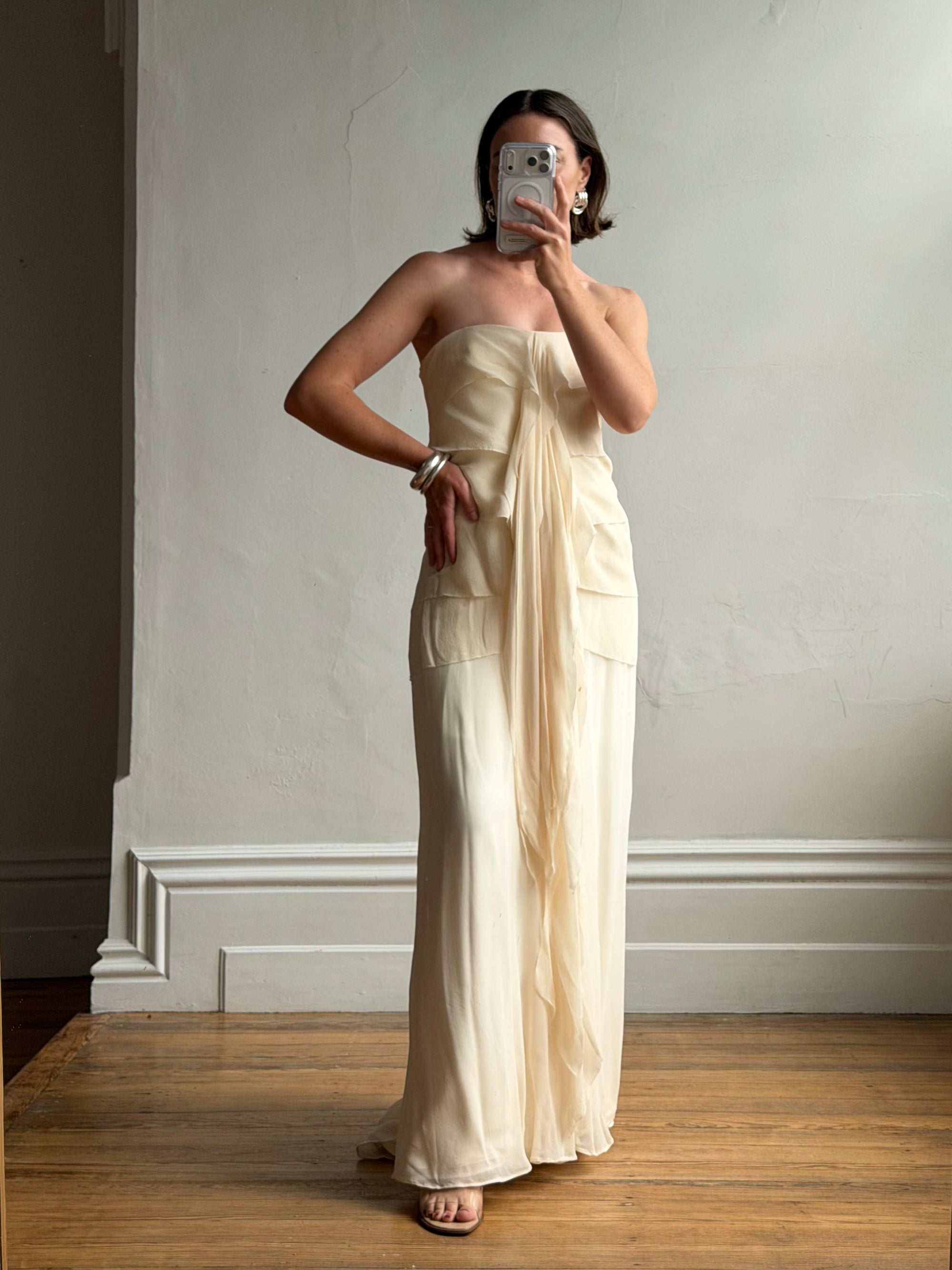 Vintage 90s Pure Silk Waterfall Strapless Bridal Gown