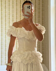 Vintage 80s Taffeta Ruffle Off Shoulder Wedding Dress