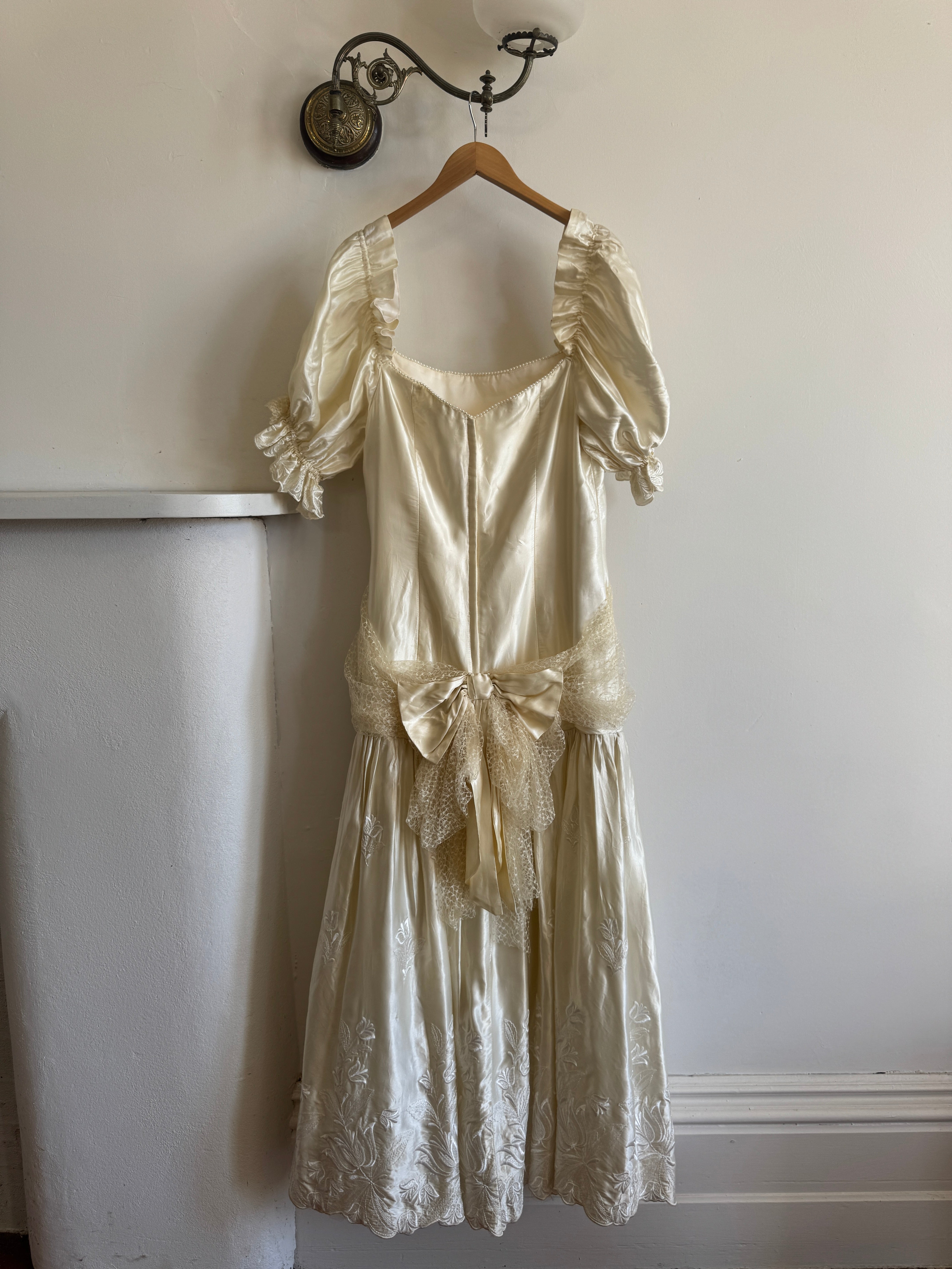 Vintage 80s Drop Waist Satin Jacquard Wedding Dress