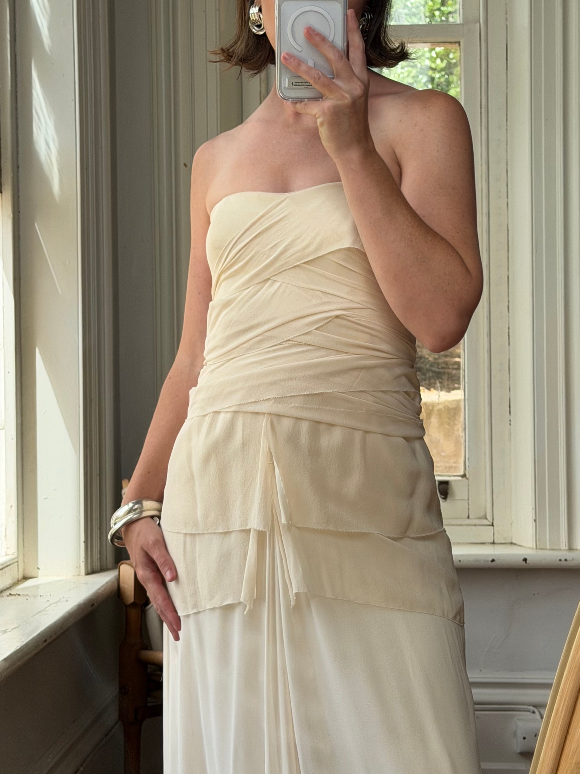 Vintage 90s Pure Silk Waterfall Strapless Bridal Gown