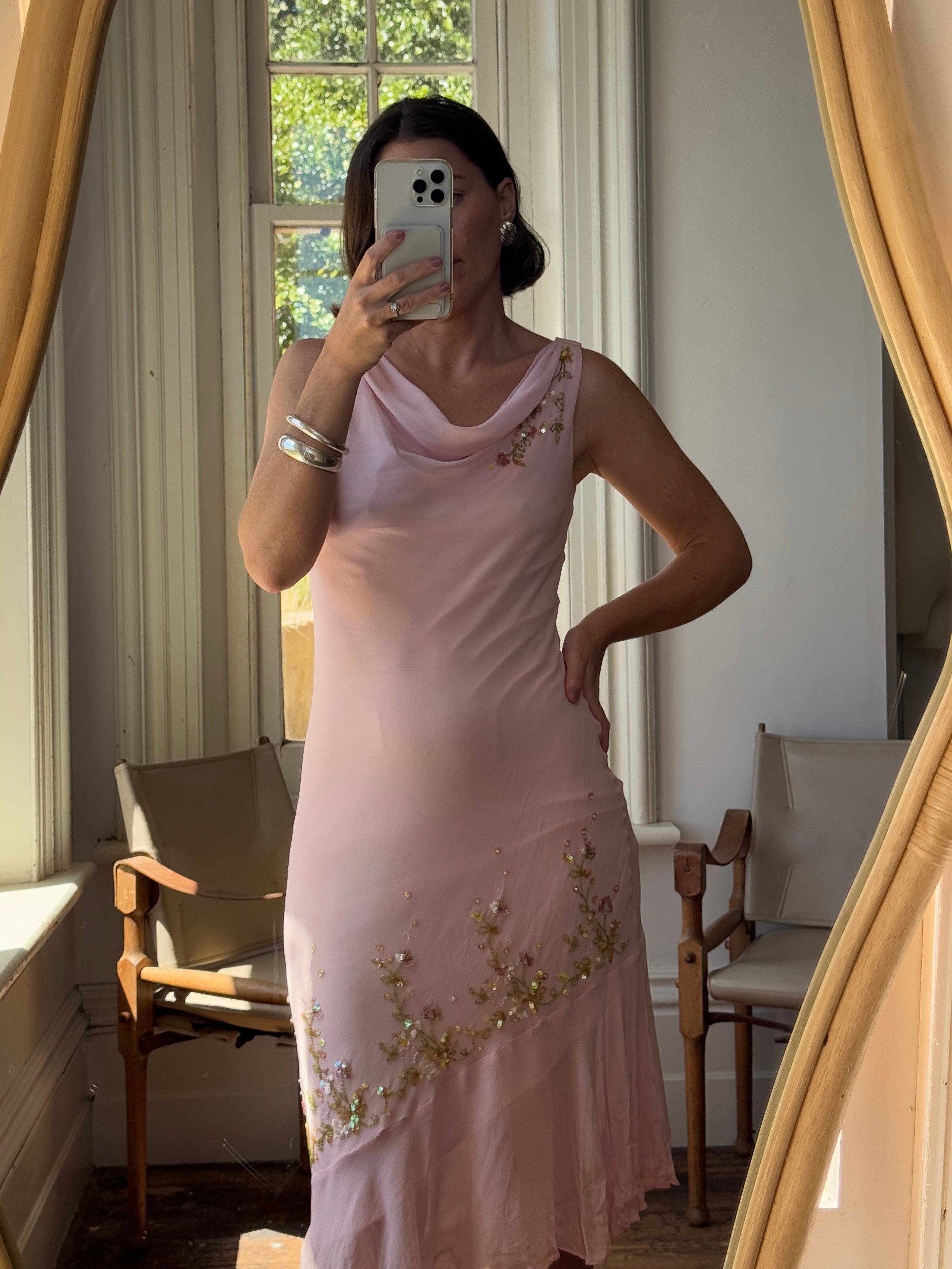 Vintage 90s Pure Silk Beaded Dress Baby Pink