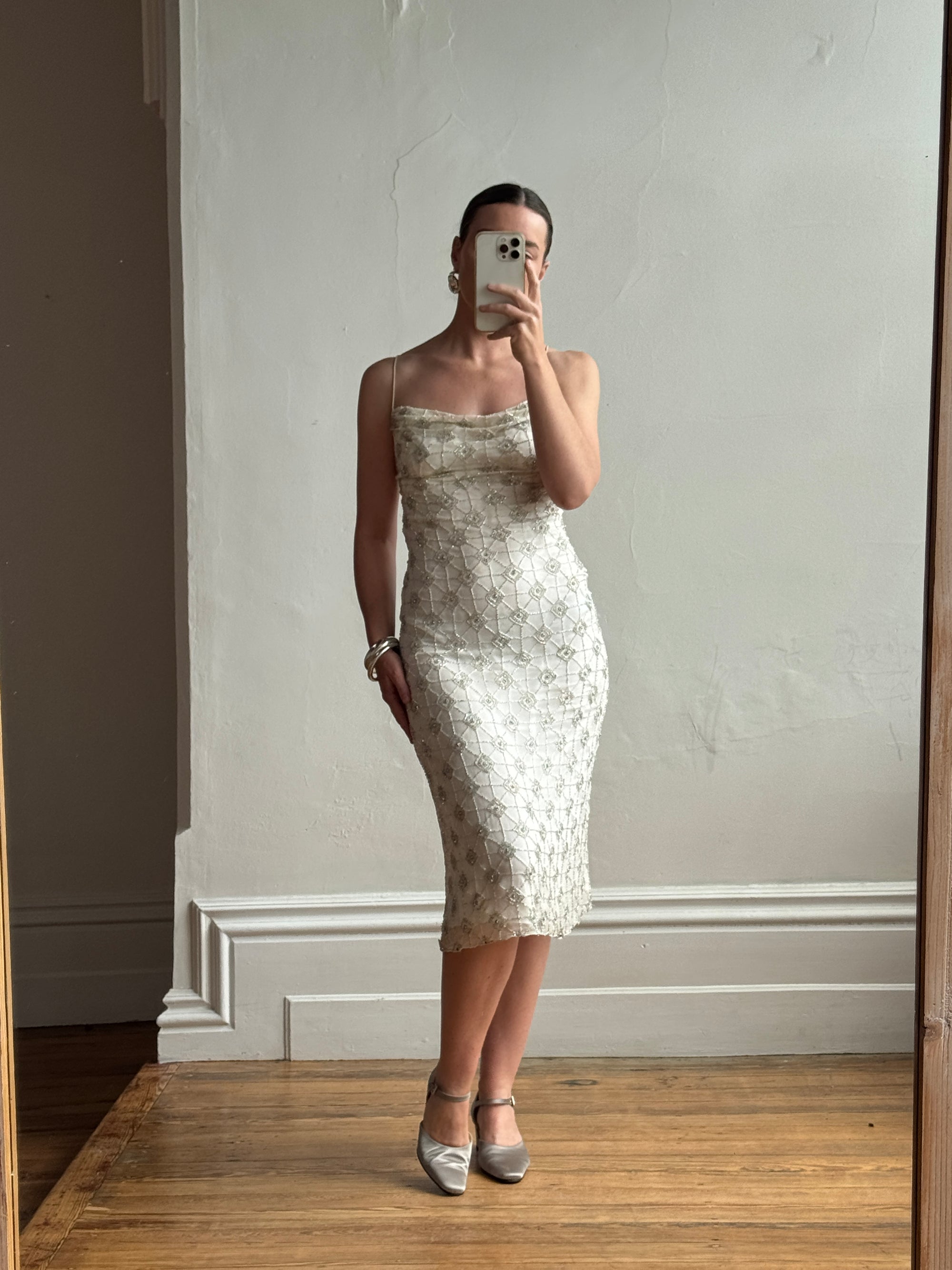 Vintage 90s Pure Silk Silver Beaded Tinsel Dress Ivory