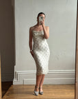 Vintage 90s Pure Silk Silver Beaded Tinsel Dress Ivory