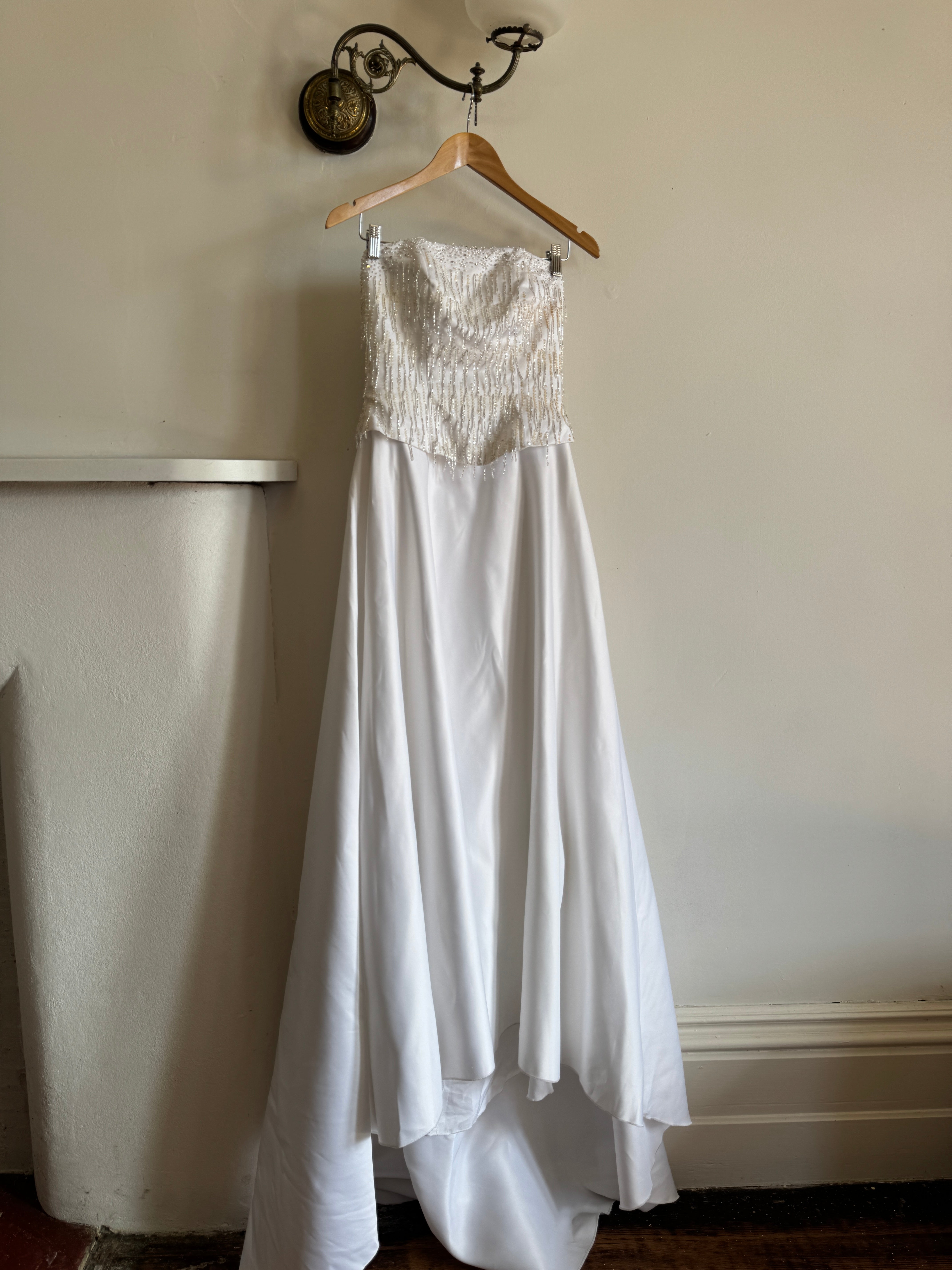 Vintage 90s Beaded Tassel Strapless Satin Wedding Gown