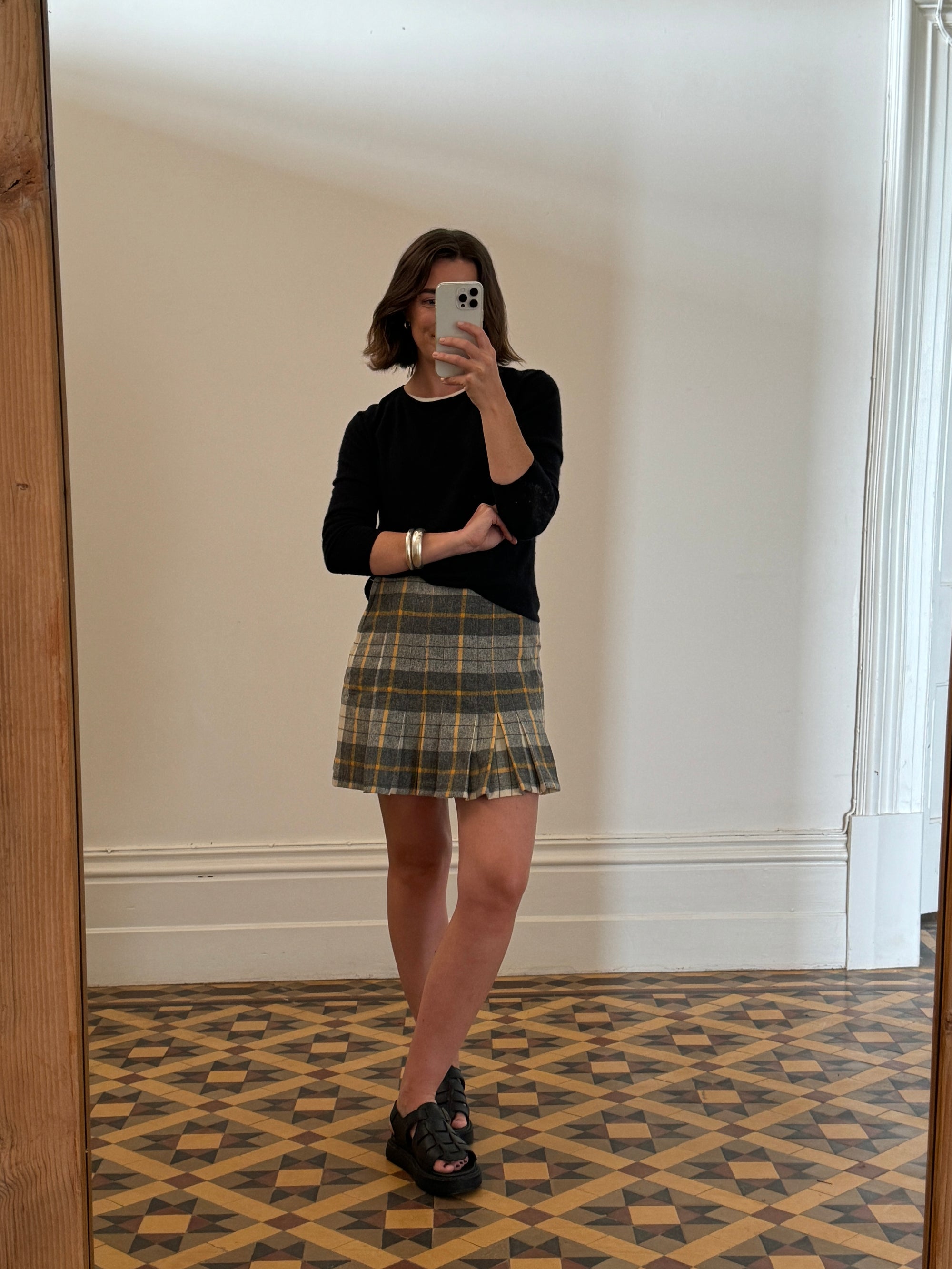 Vintage Tartan Wool Pleated Mini Skirt Light Grey