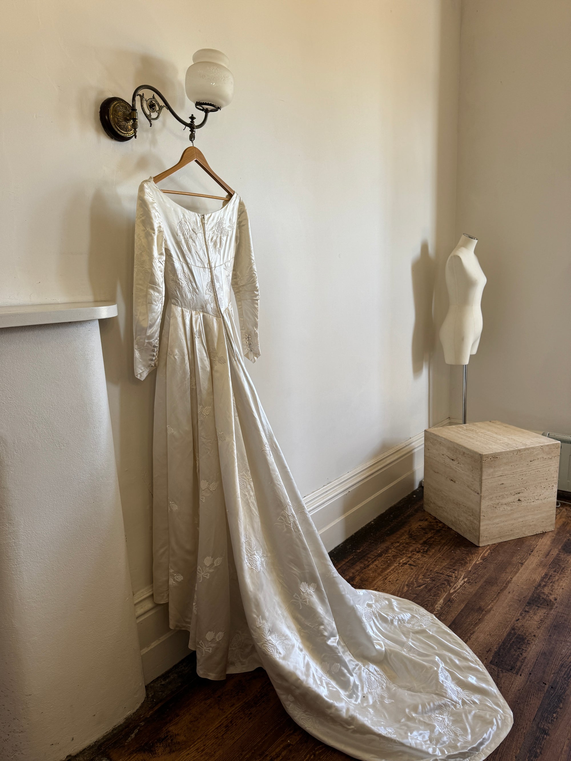 Vintage 60s Satin Jacquard Embellished Wedding Gown Ivory