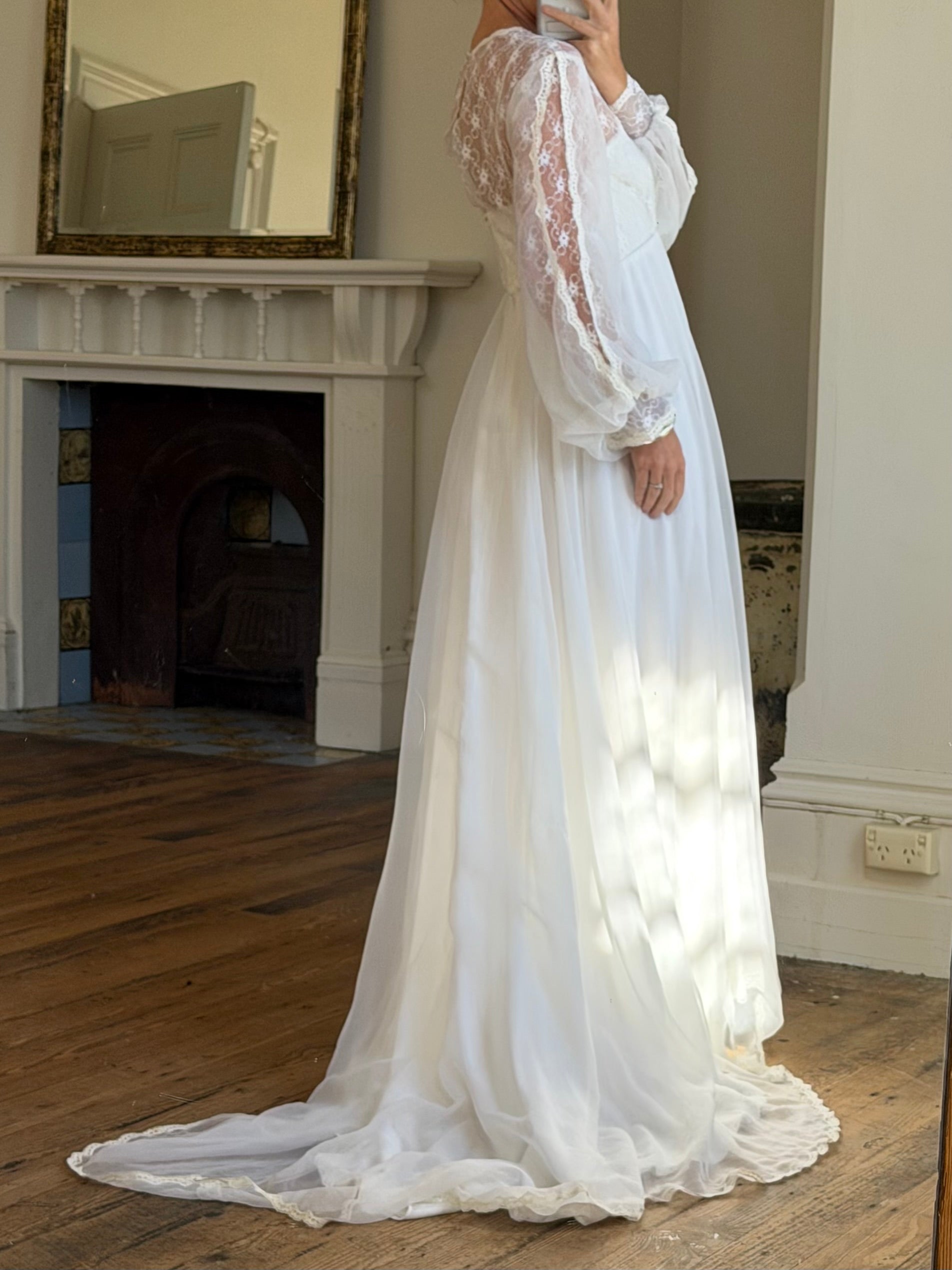 Vintage 60s Poet Sleeve Chiffon Wedding Gown