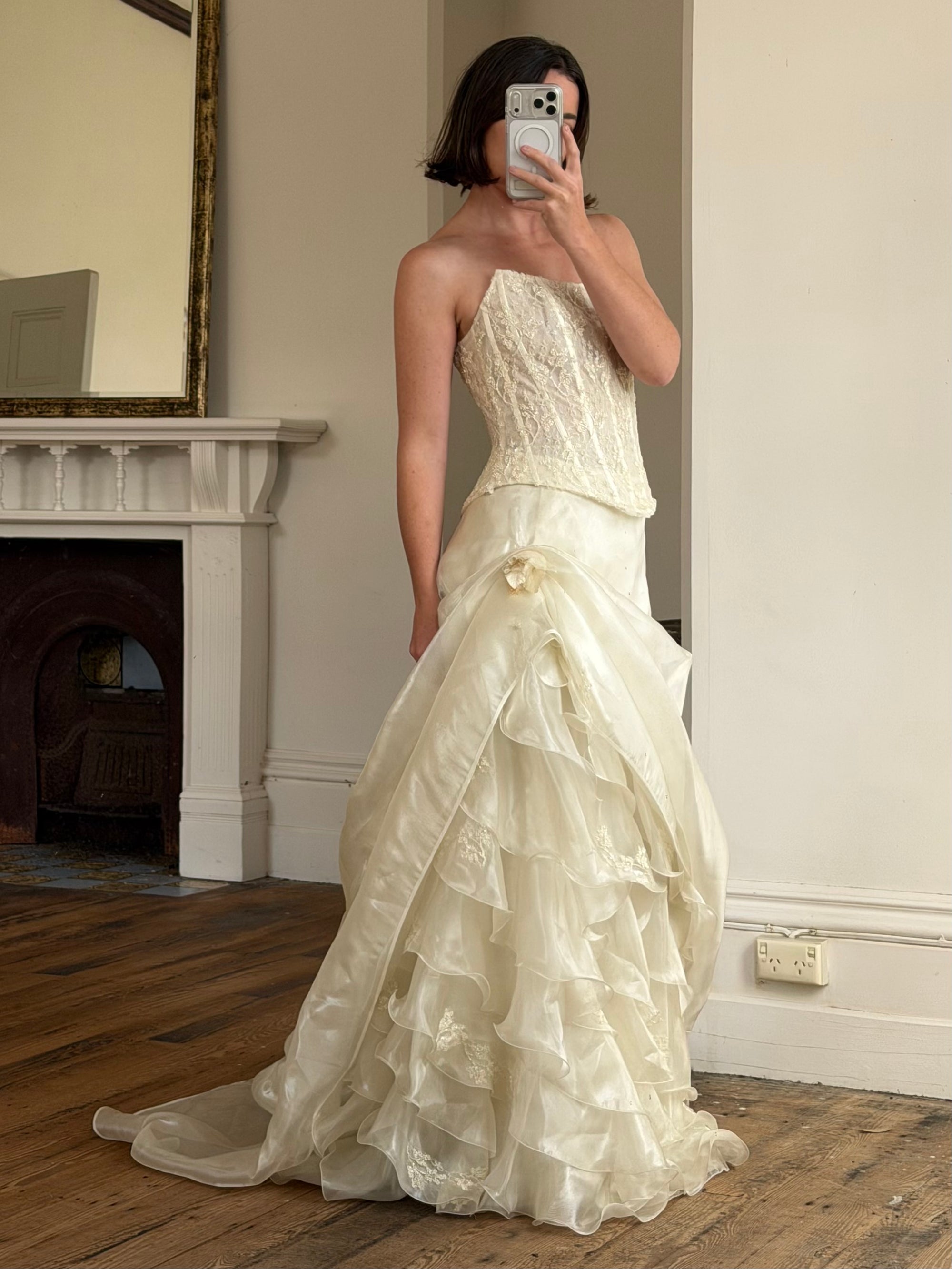 Vintage 90s Italian Sequin Bustier and Ruffle Skirt Bridal Set