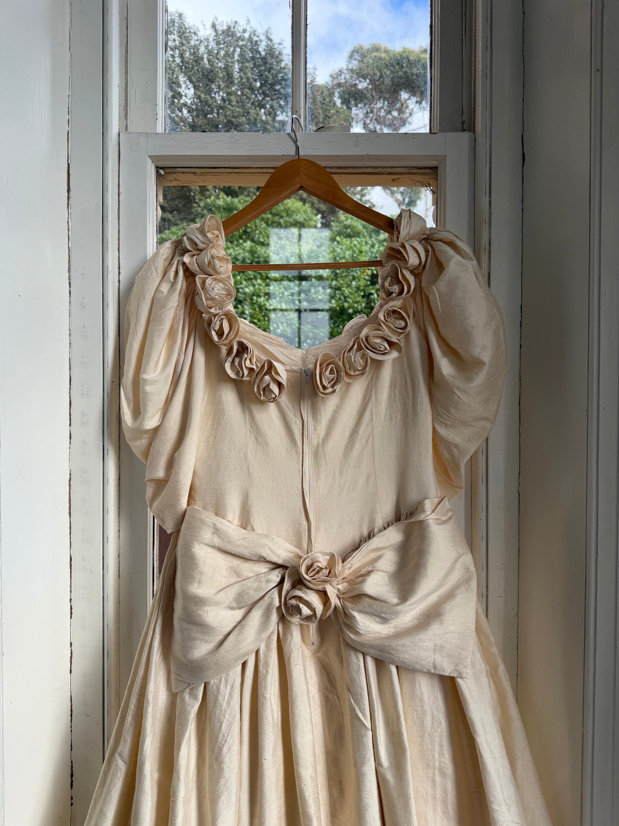 Vintage 90s Silk Dupion Rosette Bridal Midi Gown