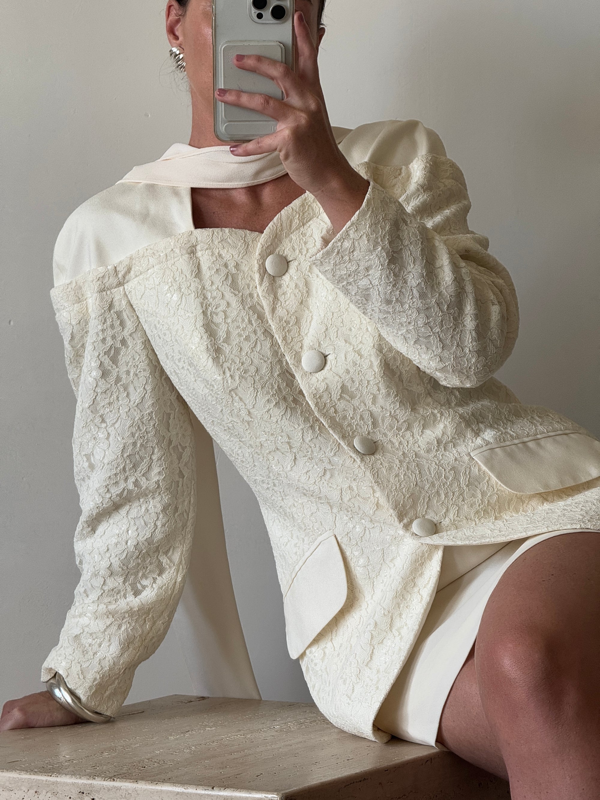Vintage 80s Bridal Mini Suit with Scarf