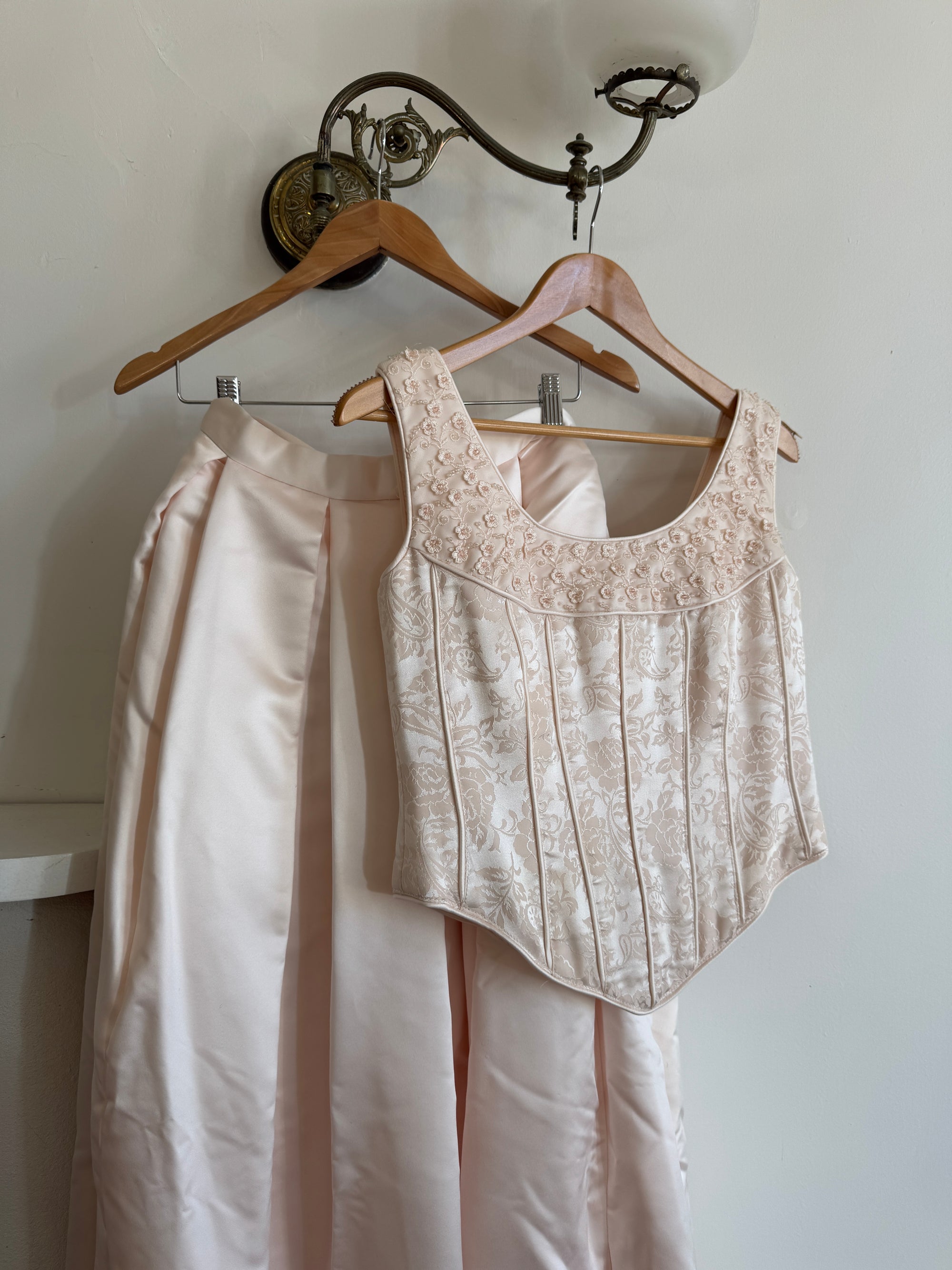 Vintage 90s Pale Pink Beaded Bridal Corset and Satin Princess Skirt Set