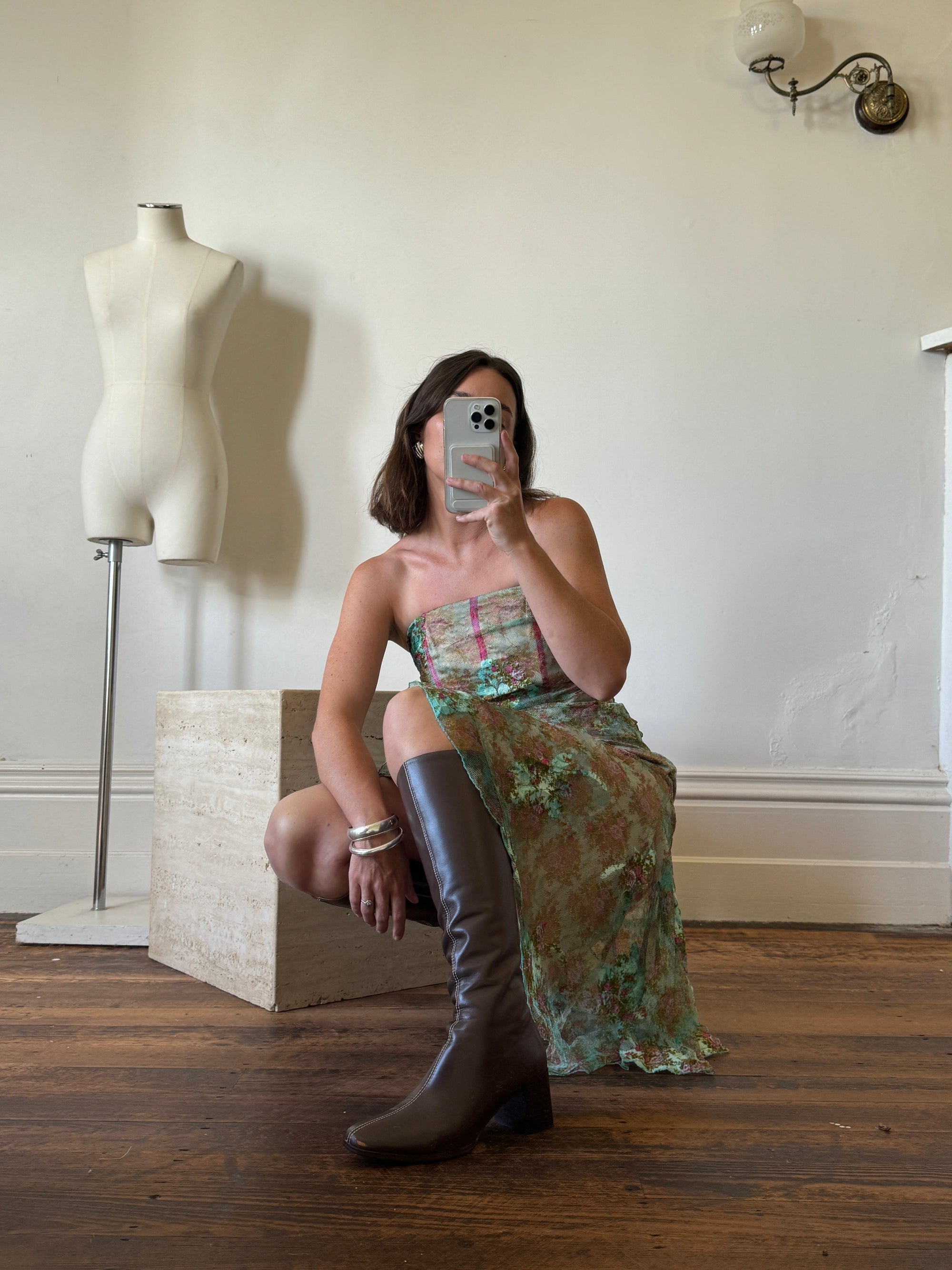 Vintage Y2K Teal Mesh Tapestry Corset Dress