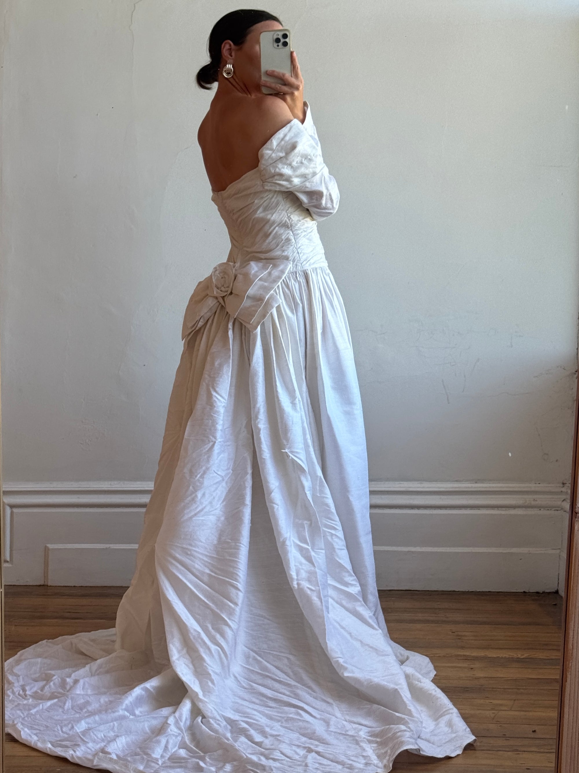 Vintage 90s Pure Silk Rosette Off Shoulder Wedding Gown