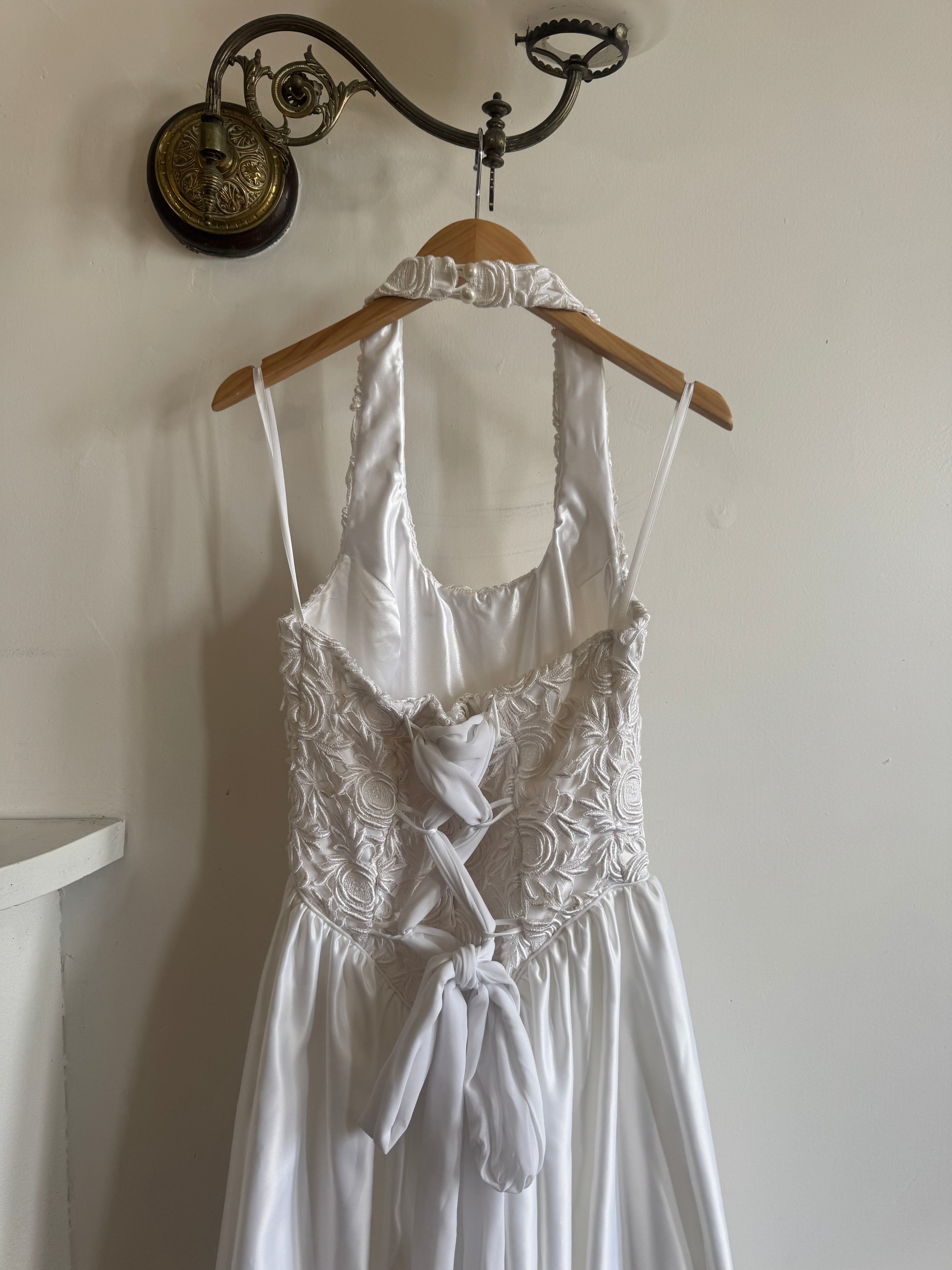 Vintage 90s Australian Made Lace Halter Satin Wedding Dress