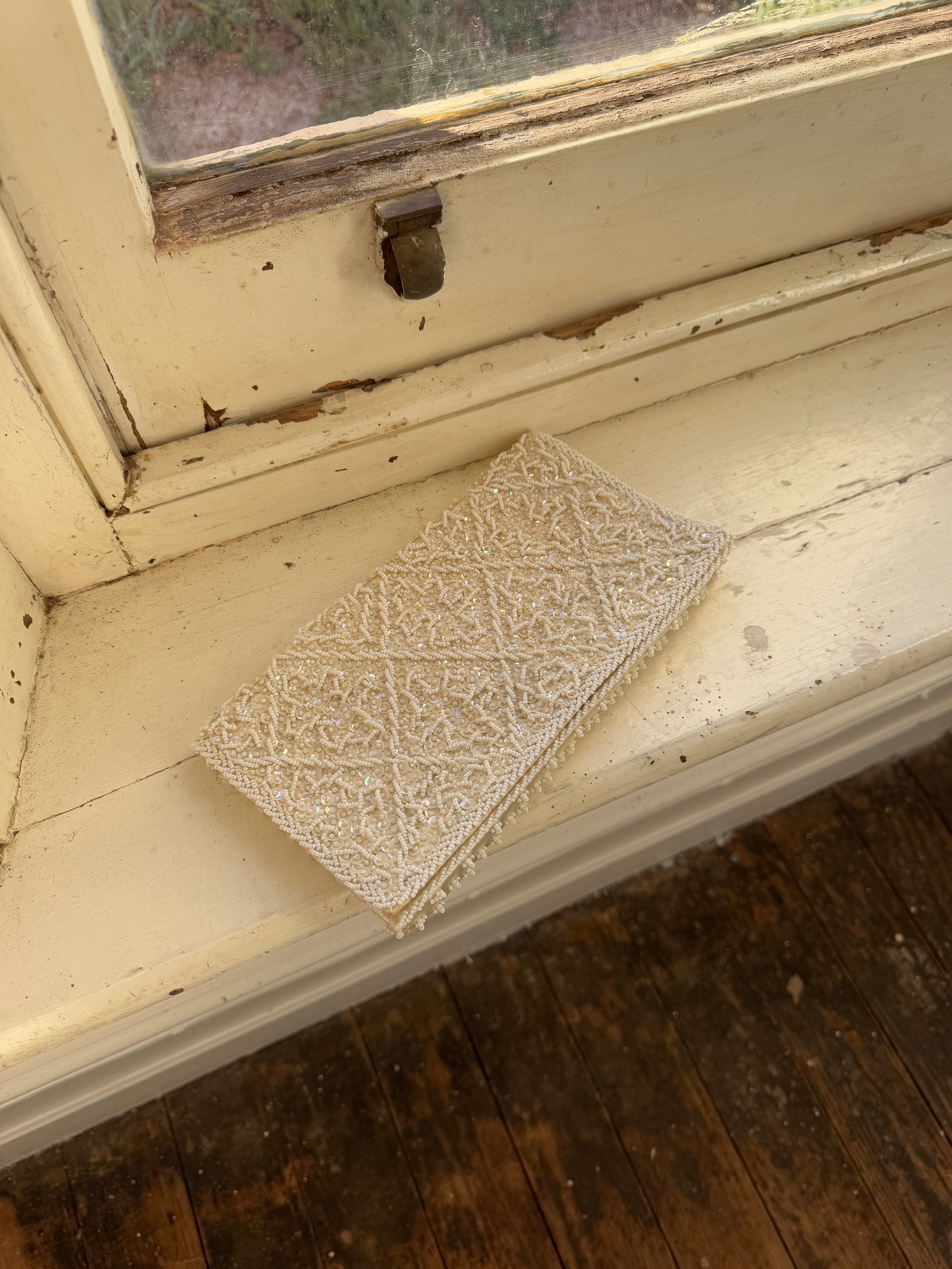 Vintage Stardust Rectangle Beaded Clutch Ivory