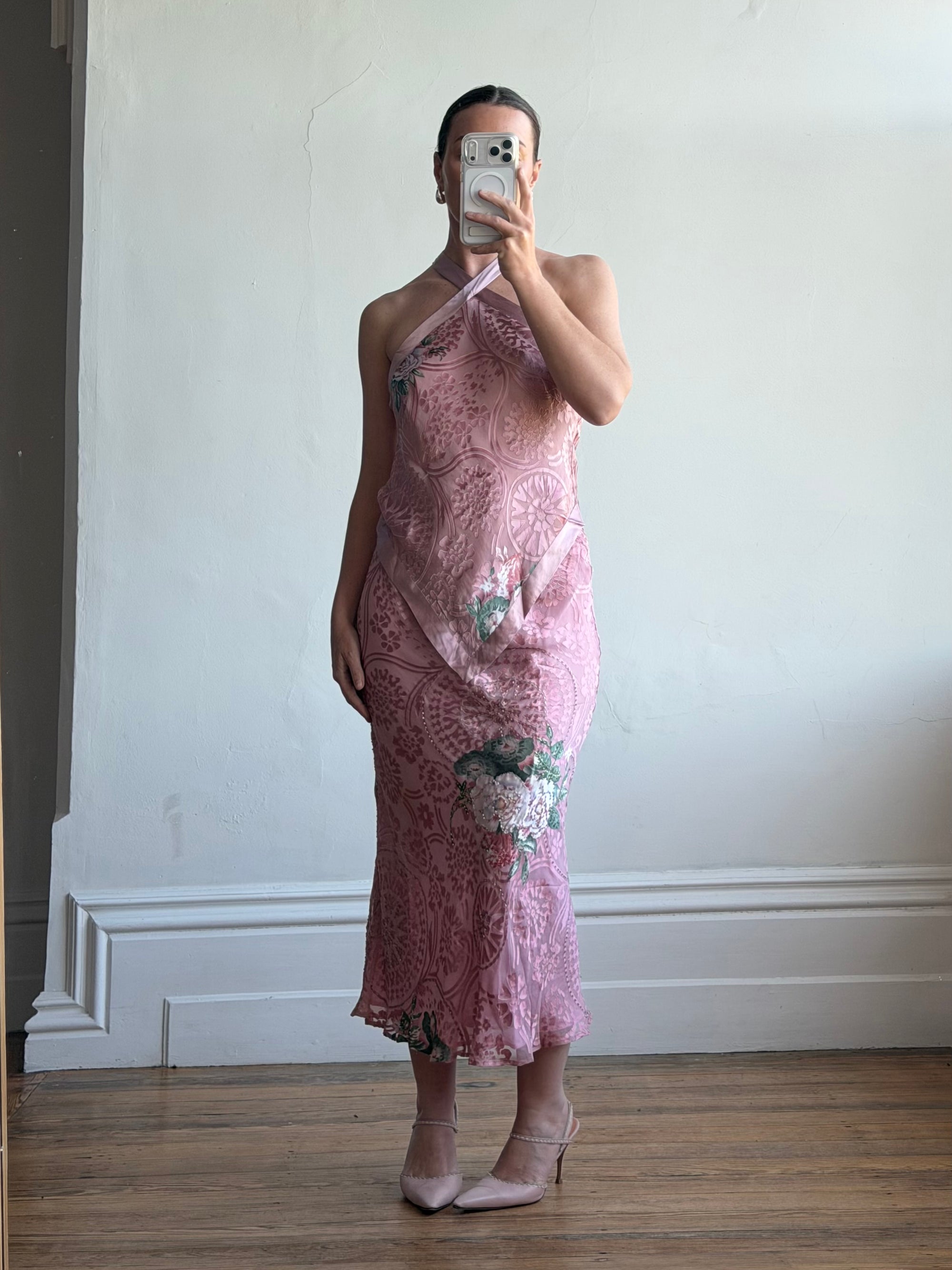Vintage 90s Dusty Rose Floral Silk Halter Scarf Top and Skirt Set
