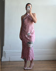 Vintage 90s Dusty Rose Floral Silk Halter Scarf Top and Skirt Set