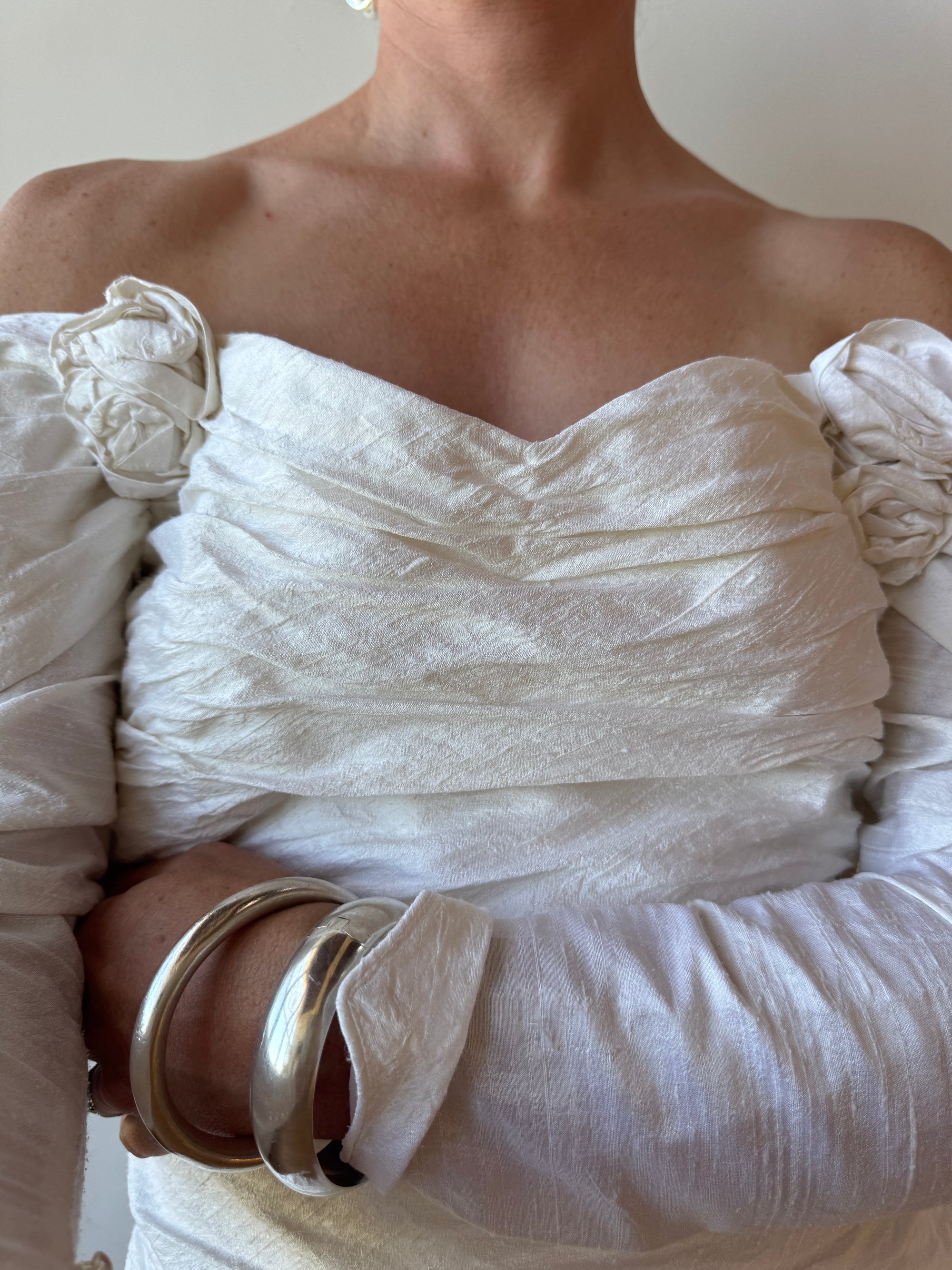 Vintage 90s Pure Silk Rosette Off Shoulder Wedding Gown