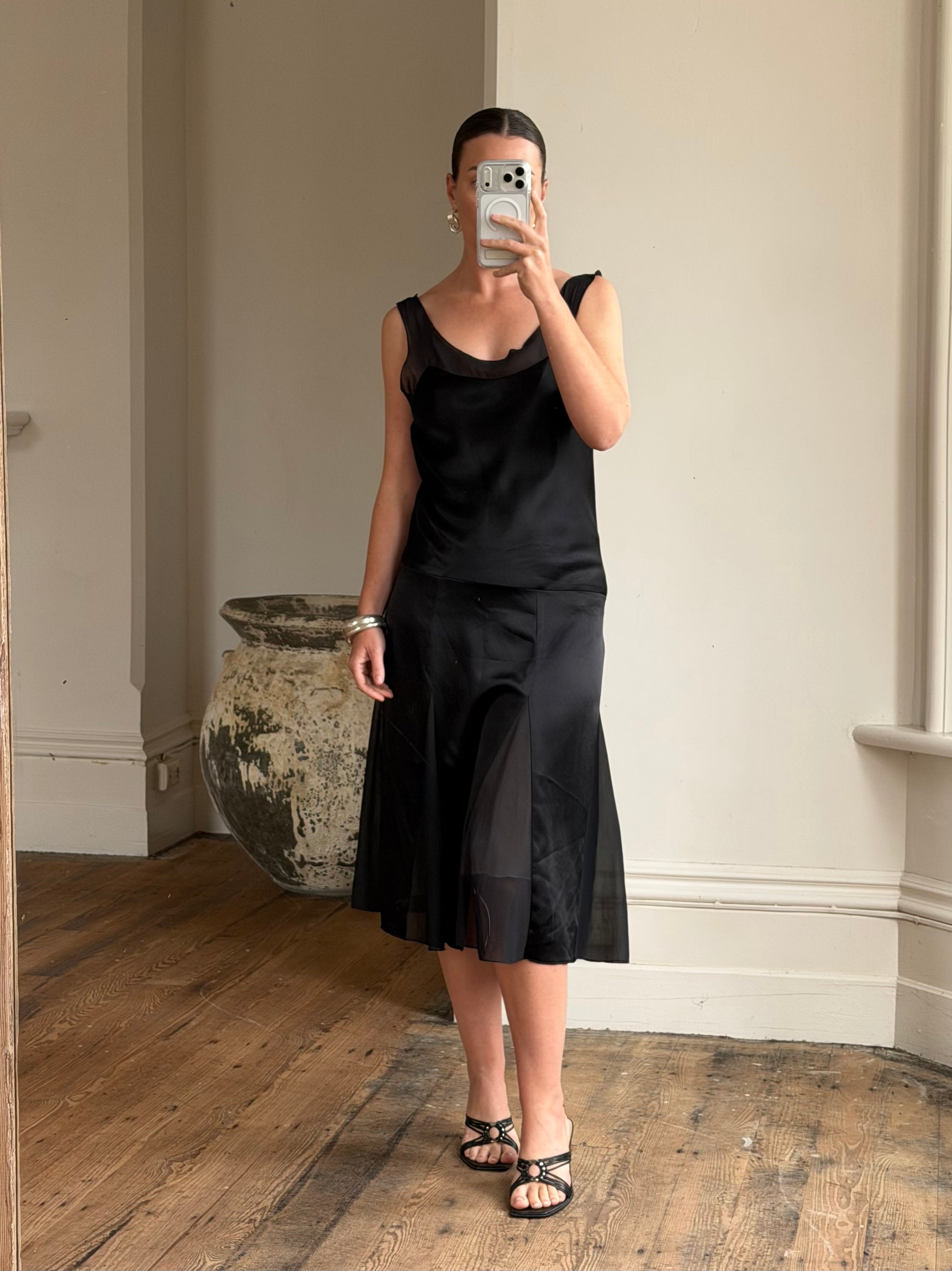 Vintage 90s Satin Drop Waist Midi Dress Noir