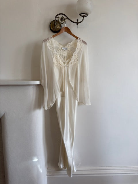 Vintage 90s Satin and Lace Slip and Cape Set Ivory