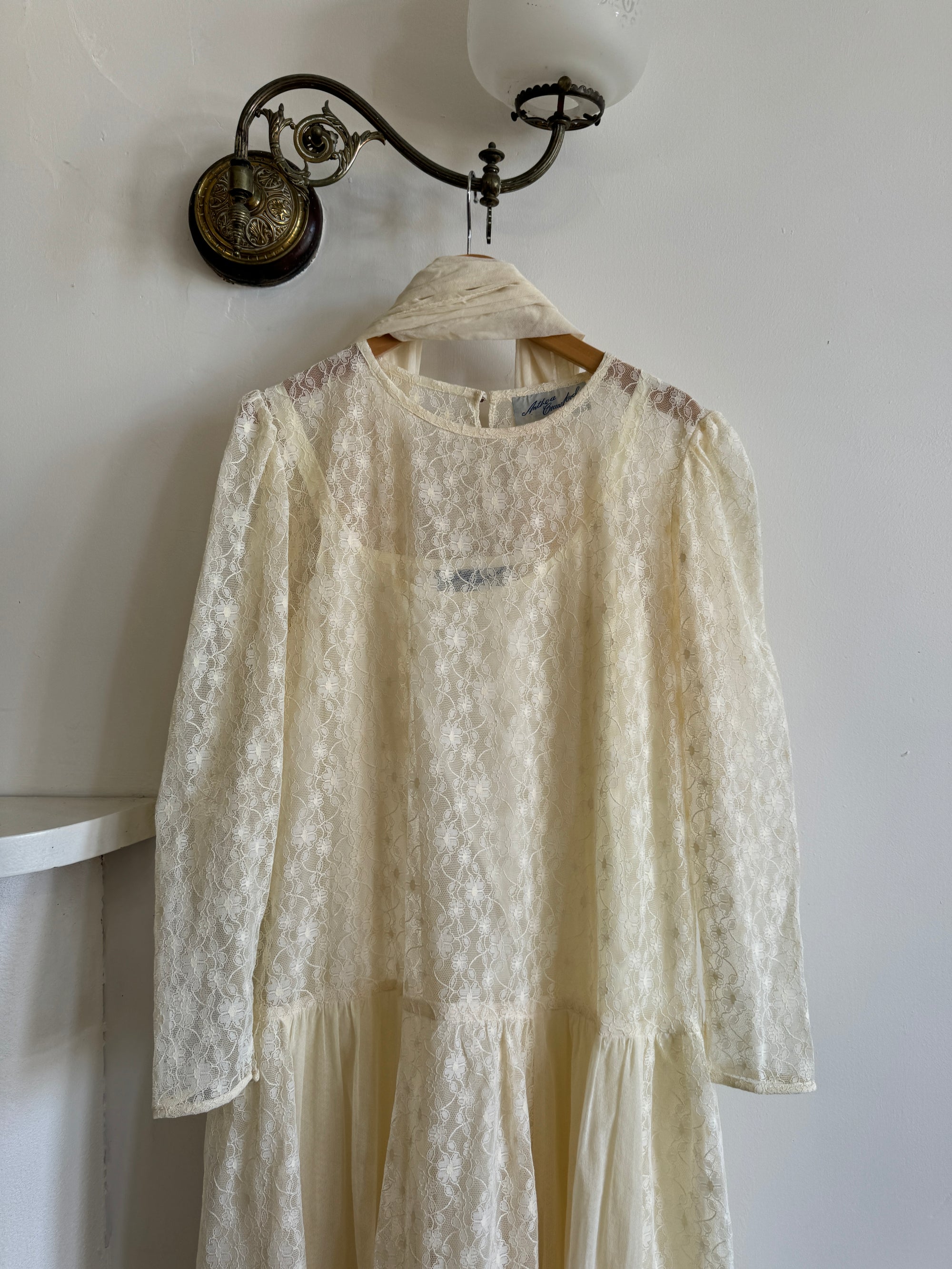 Vintage 80s Creme Lace Shift Wedding Dress With Scarf