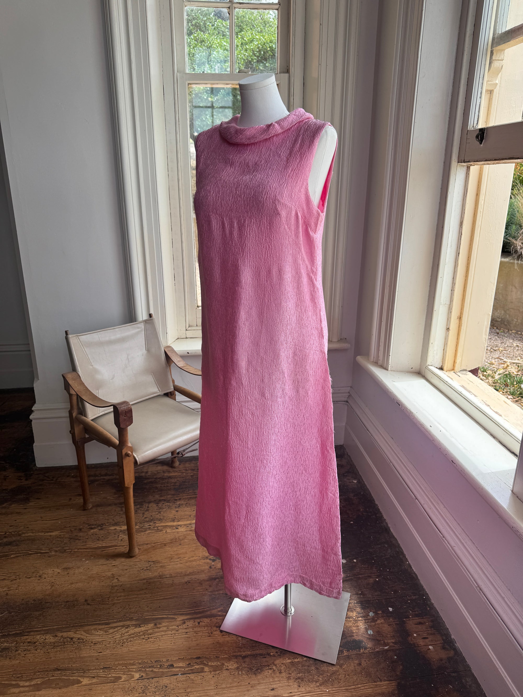 Vintage 80s Boat Neck Crinkle Dress Hot Pink