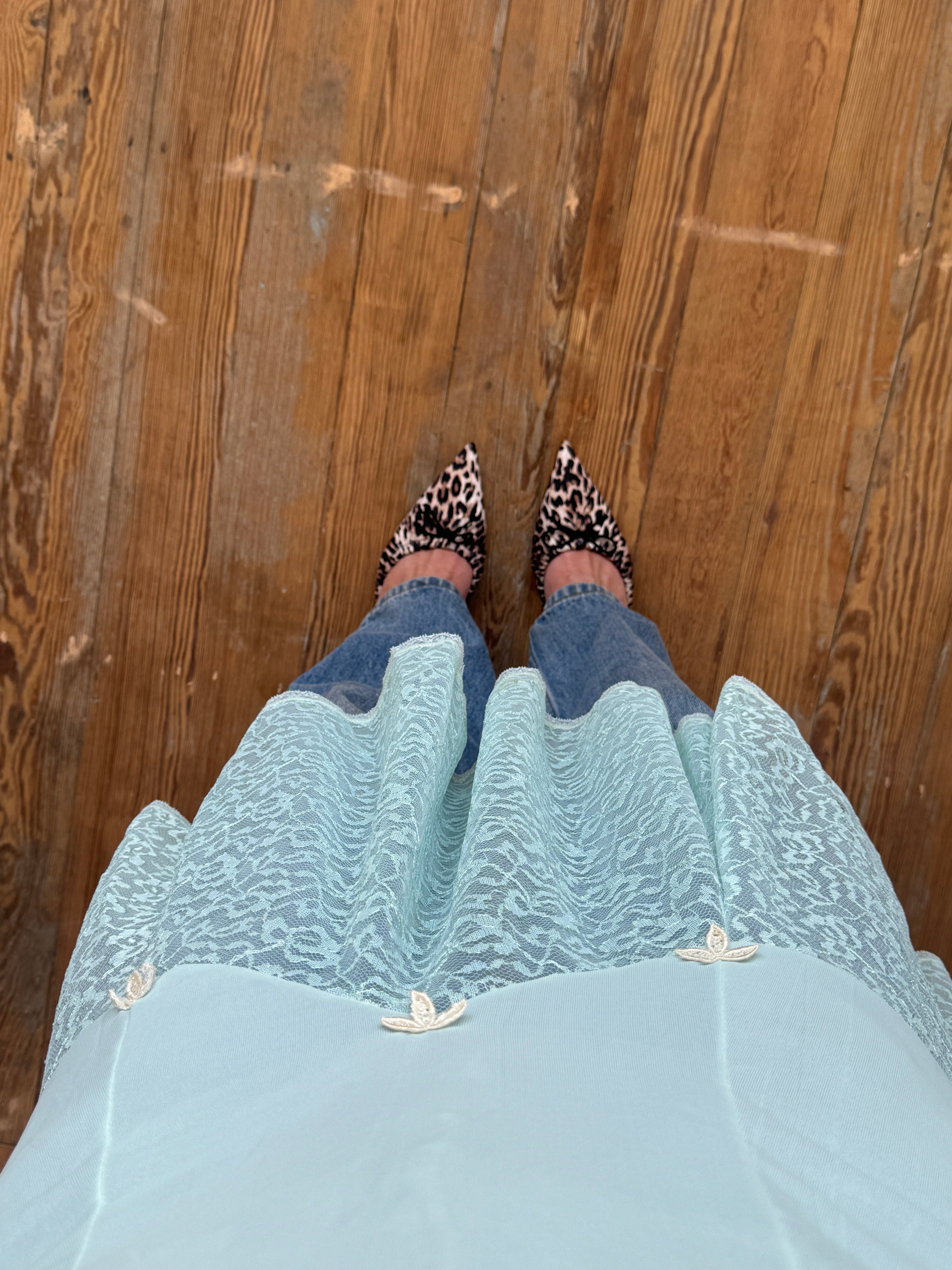 Vintage 60s Aqua Lace Midi Slip with Cream Flowers