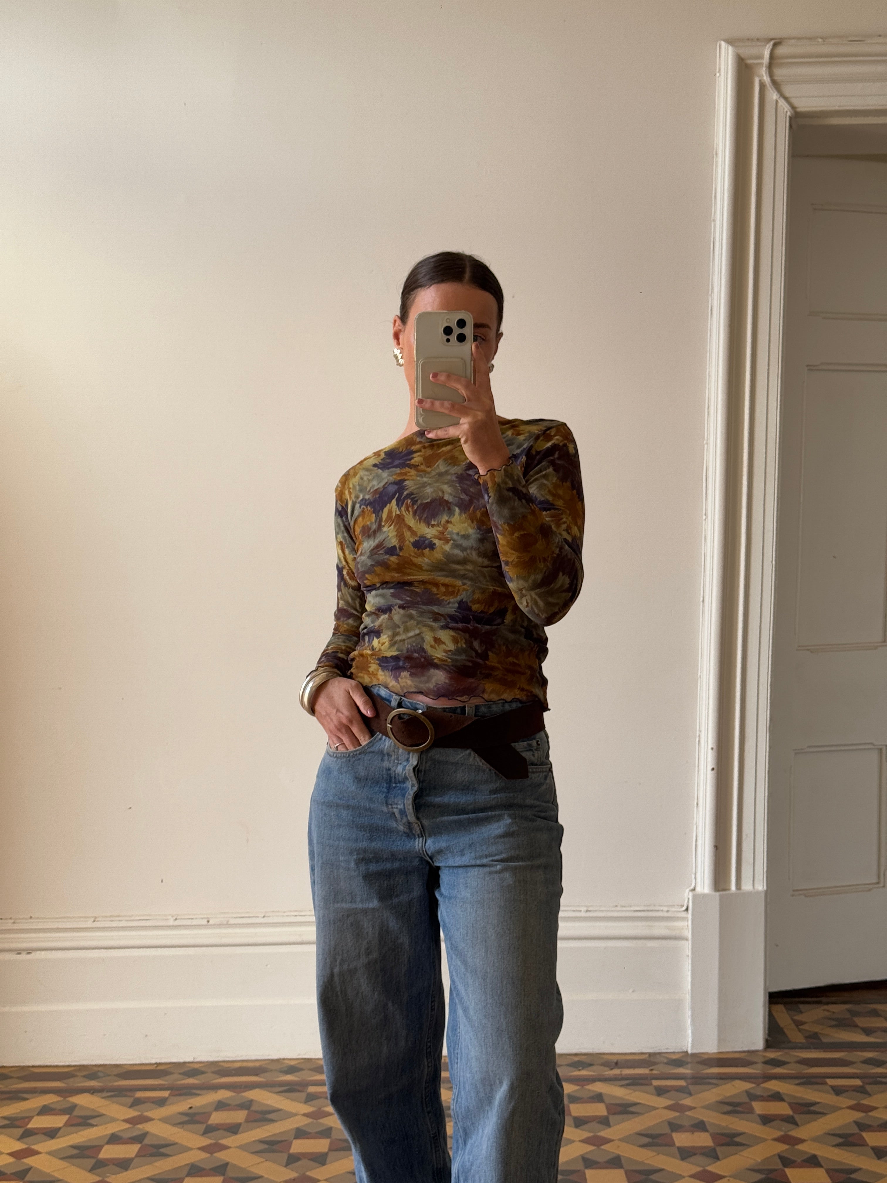 Vintage 90s Floral Mesh Top Navy Gold