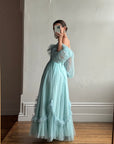 Vintage 80s Sky Blue Tulle Off Shoulder Party Dress
