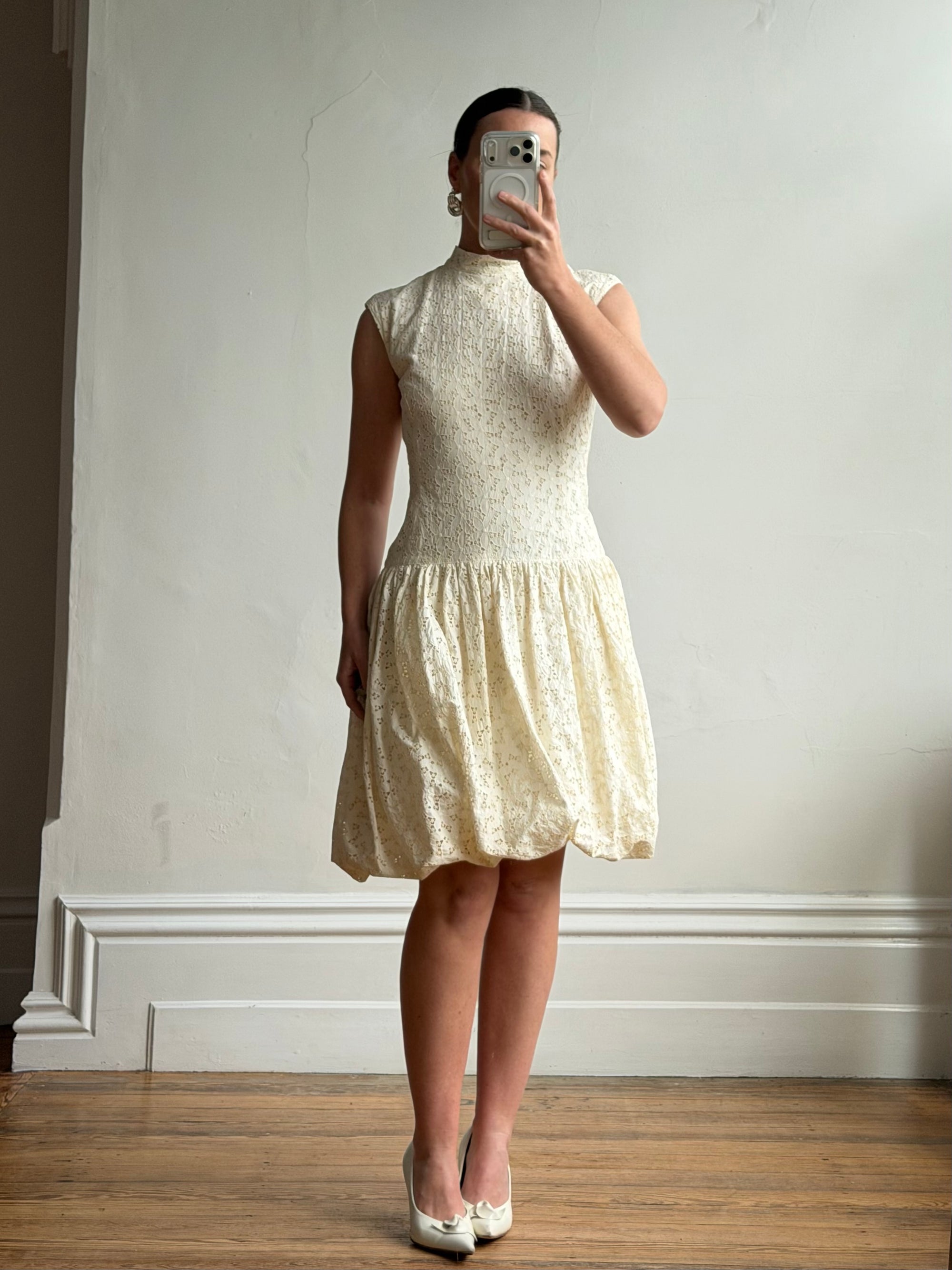 Vintage 90s Cream Broderie Anglaise Bubble Mini Dress