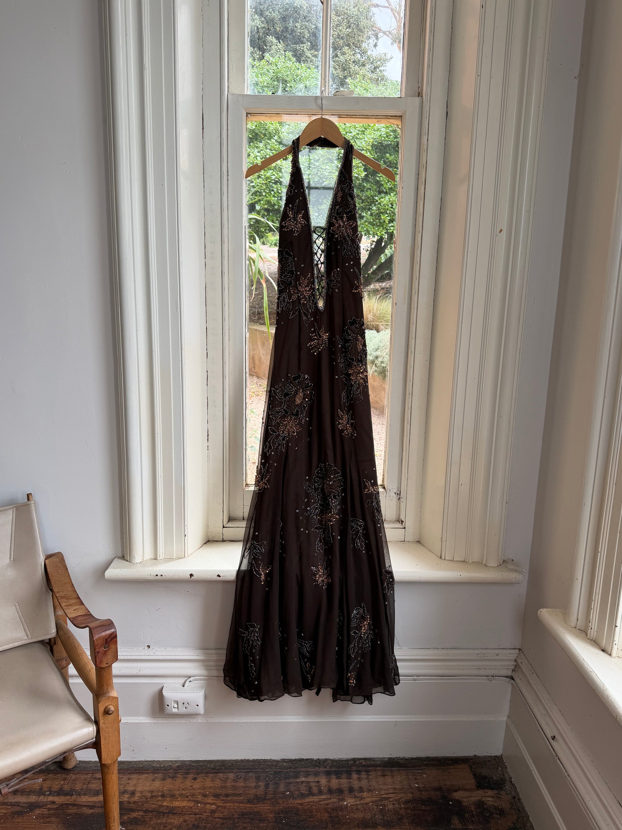 Vintage 90s Pure Silk Beaded Lace Up Dress Chocolate