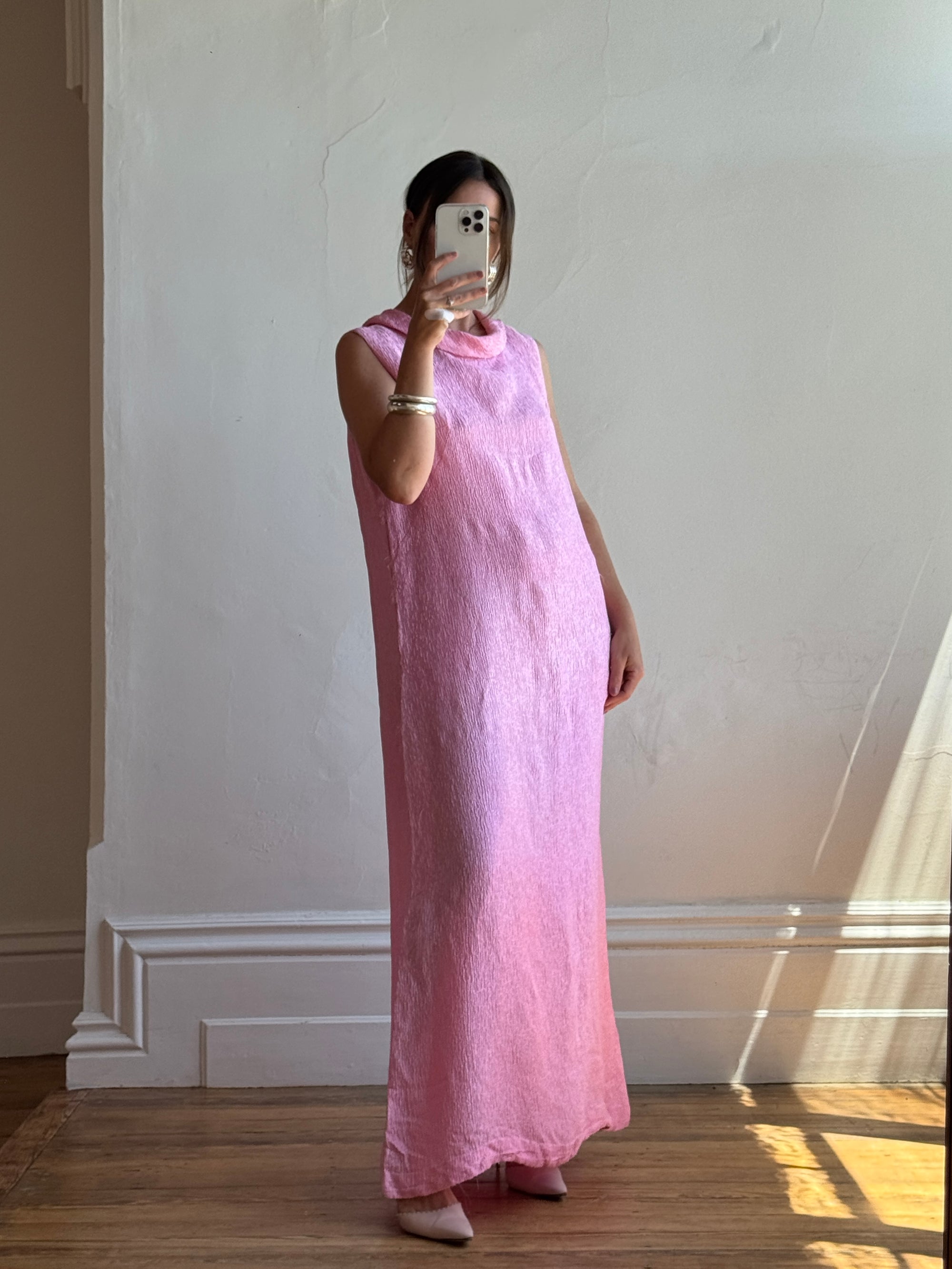 Vintage 80s Boat Neck Crinkle Dress Hot Pink