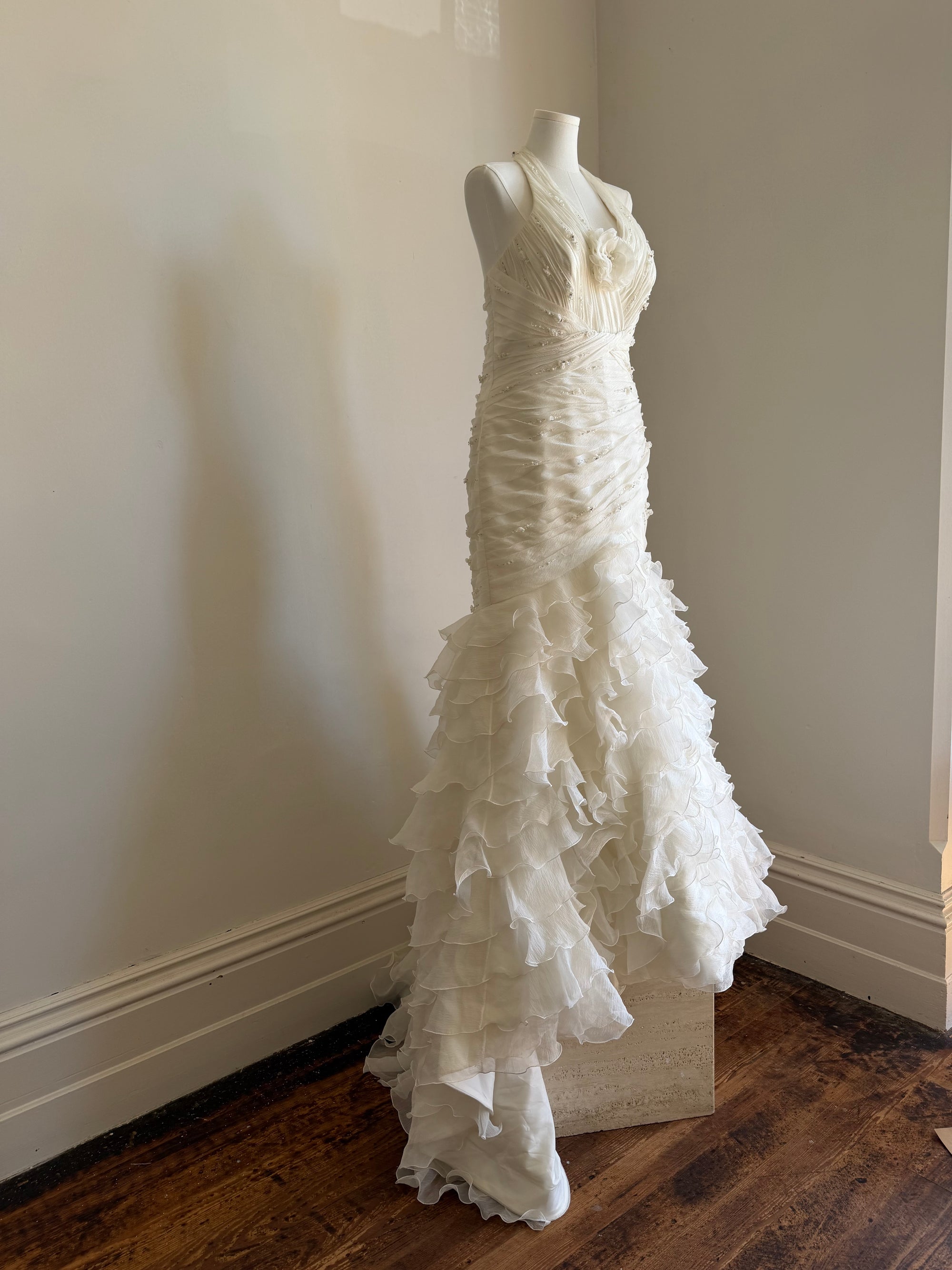 Vintage 90s Italian Plus Size Halter Ruffle Wedding Gown