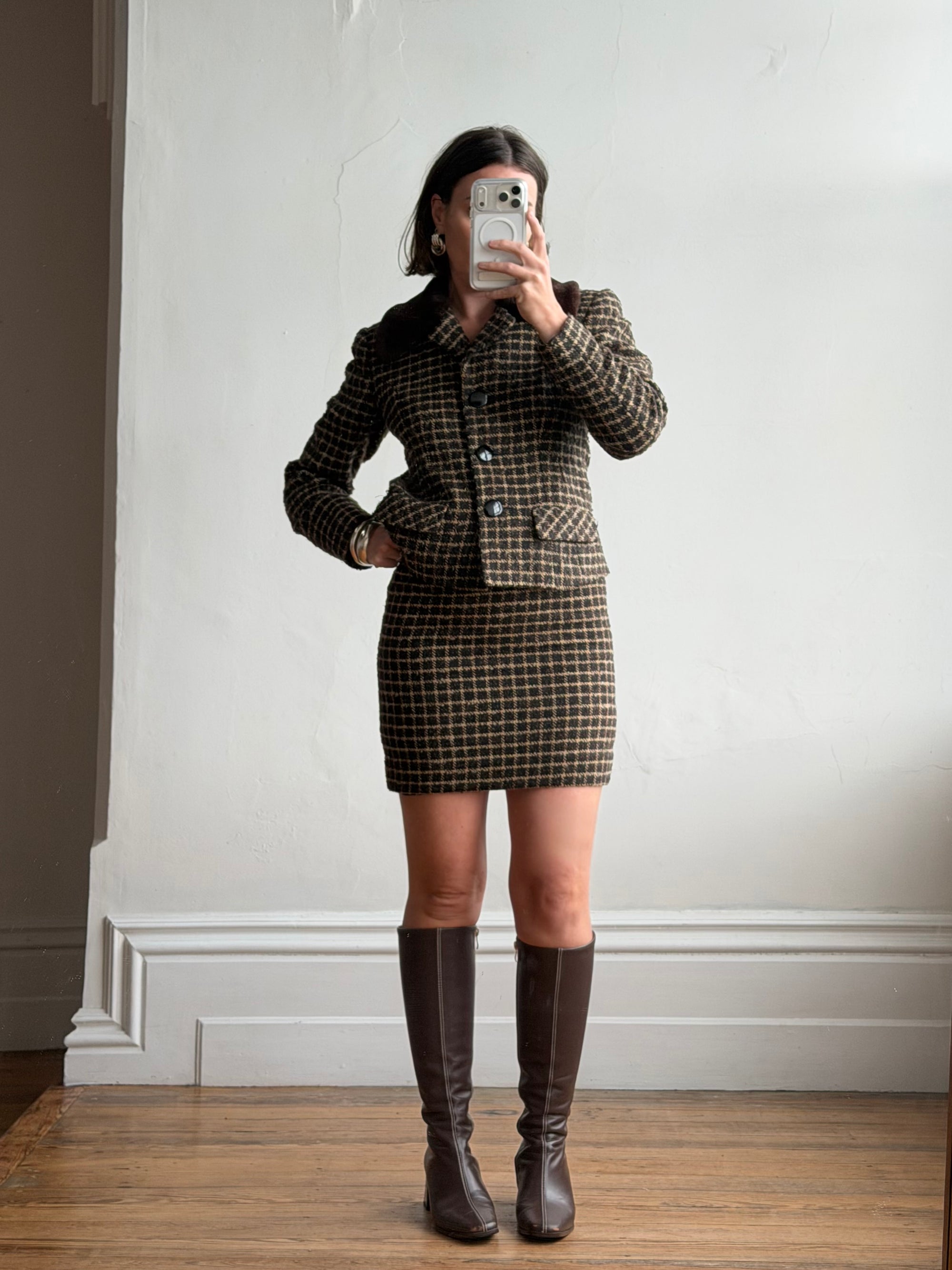 Vintage 90s Italian Chocolate Plaid Twin Faux Fur Set