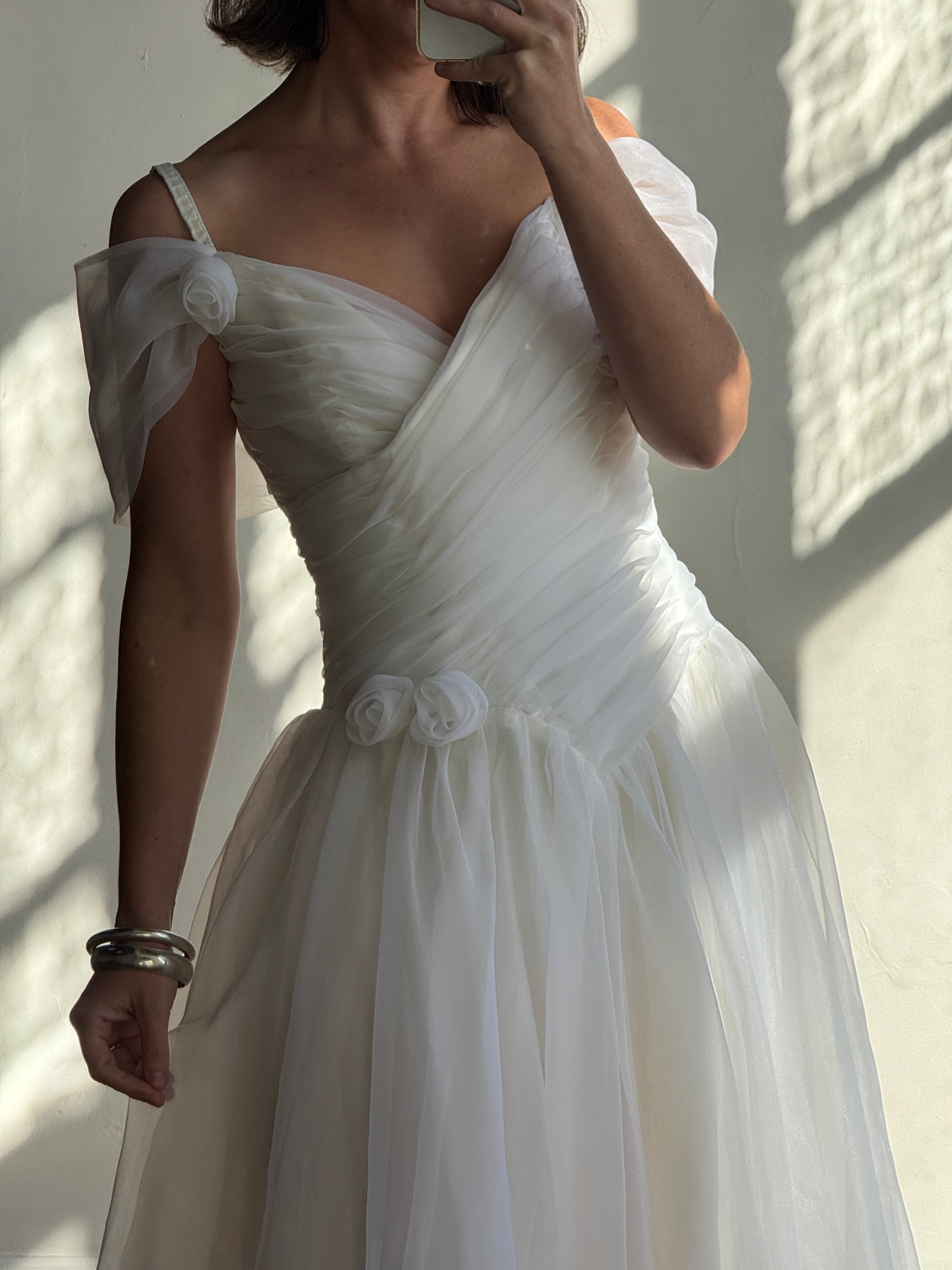 Vintage 80s Chiffon Rosette Off Shoulder Wedding Dress