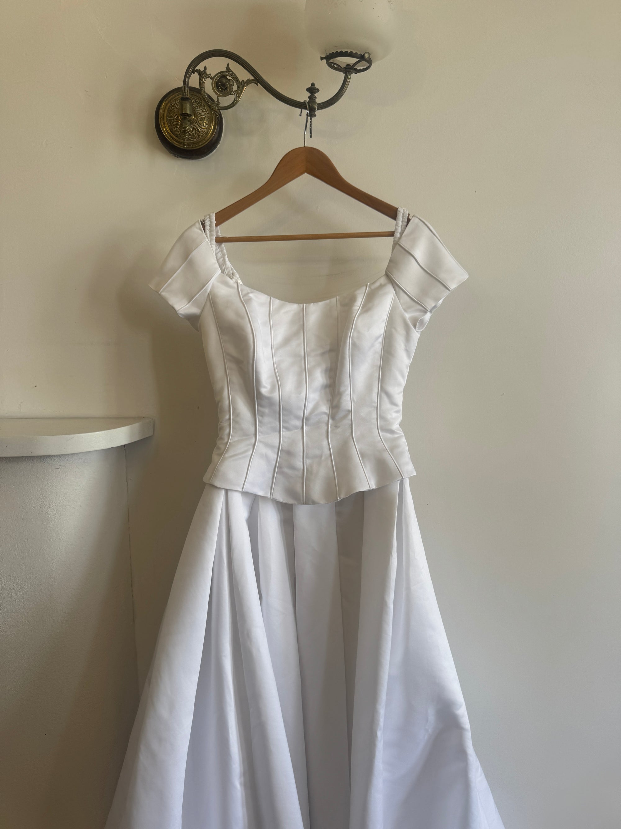 Vintage 90s Off Shoulder Box Pleat Wedding Gown