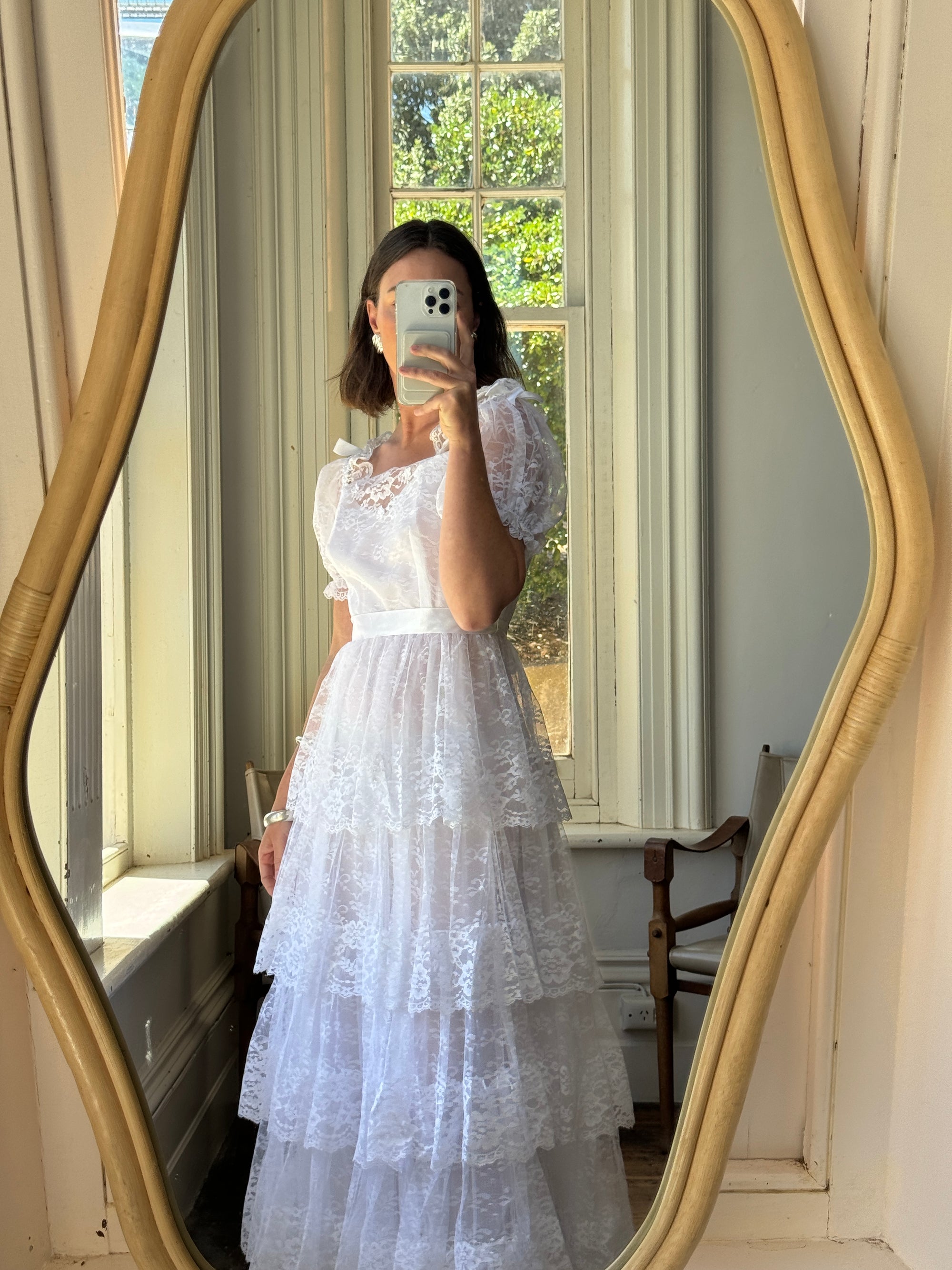 Vintage 70s Tiered Lace Wedding Dress With Ribbon