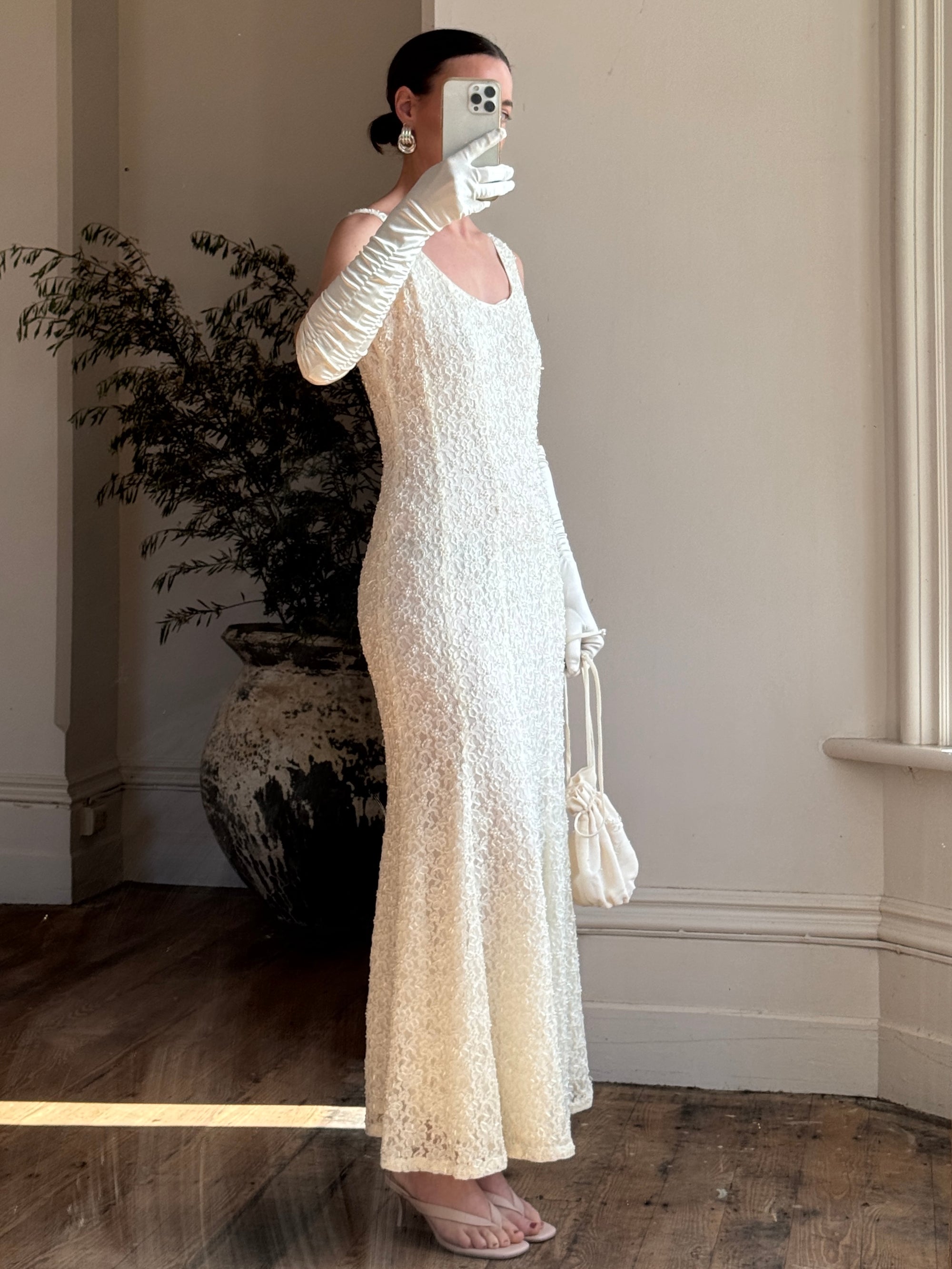 Vintage 90s Beaded Fluted Bridal Slip Set