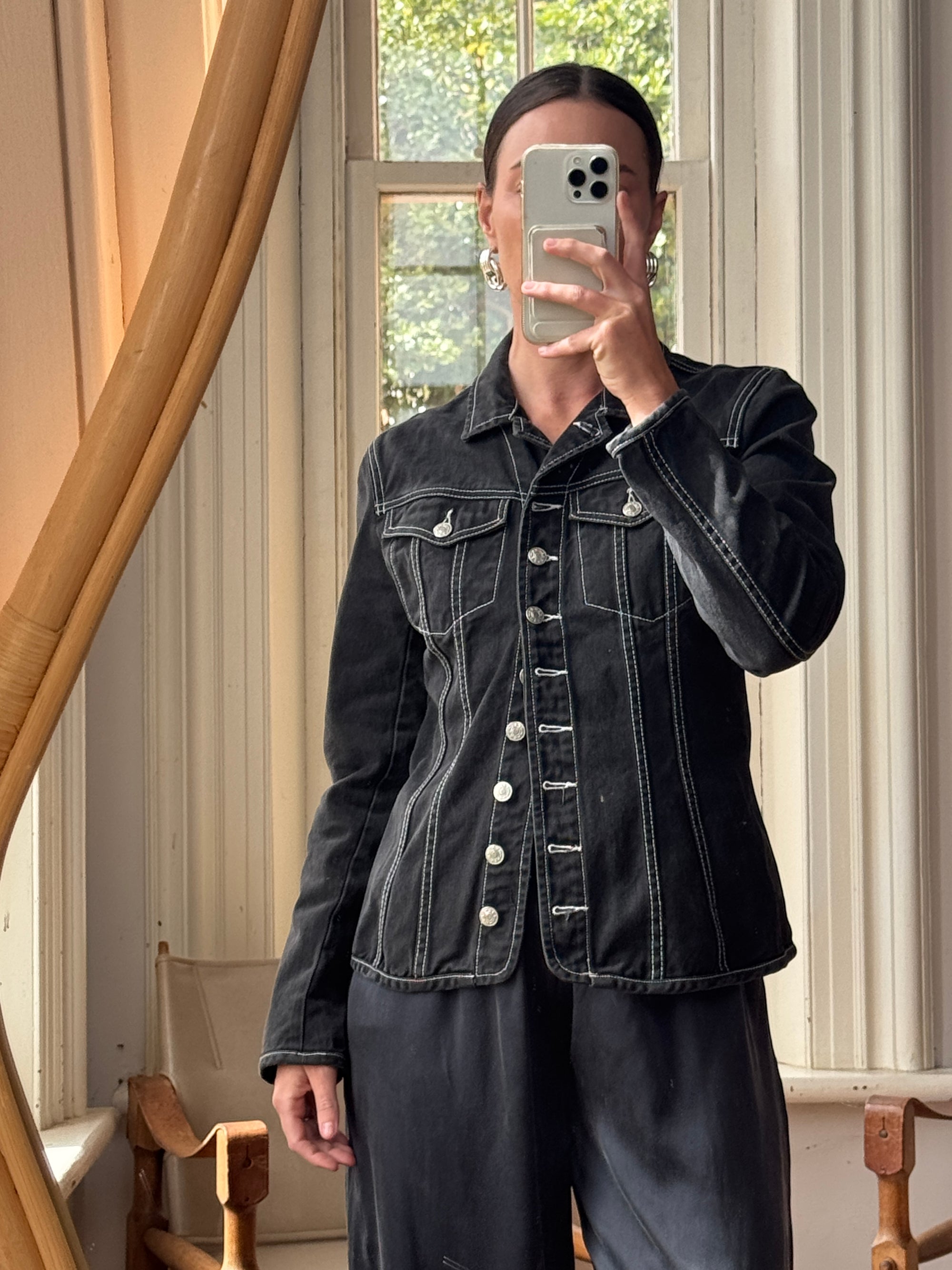 Vintage 90s Black Denim Contrast Stitch Top