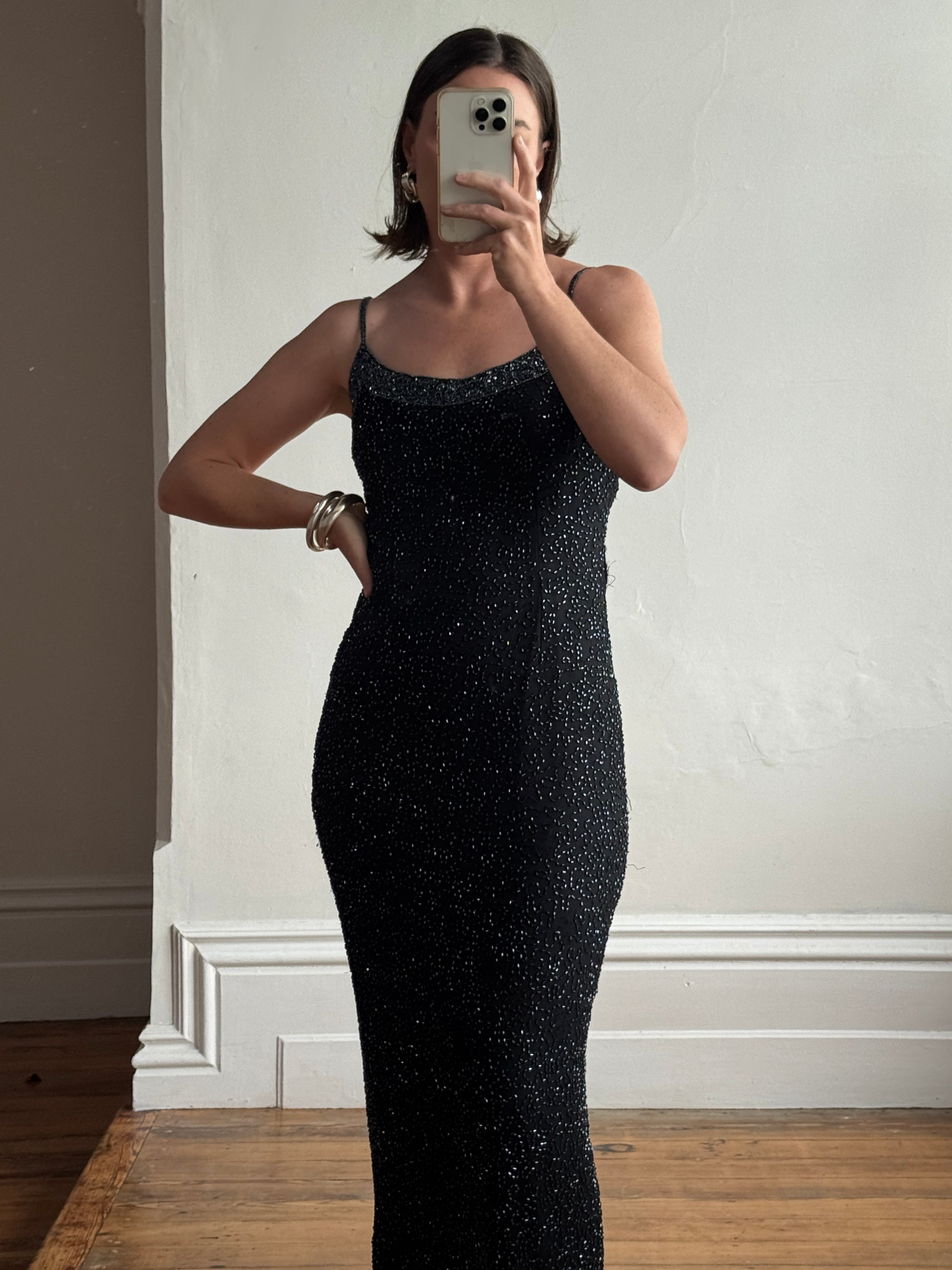 Vintage 90s Pure Silk Sparkle Dress Noir