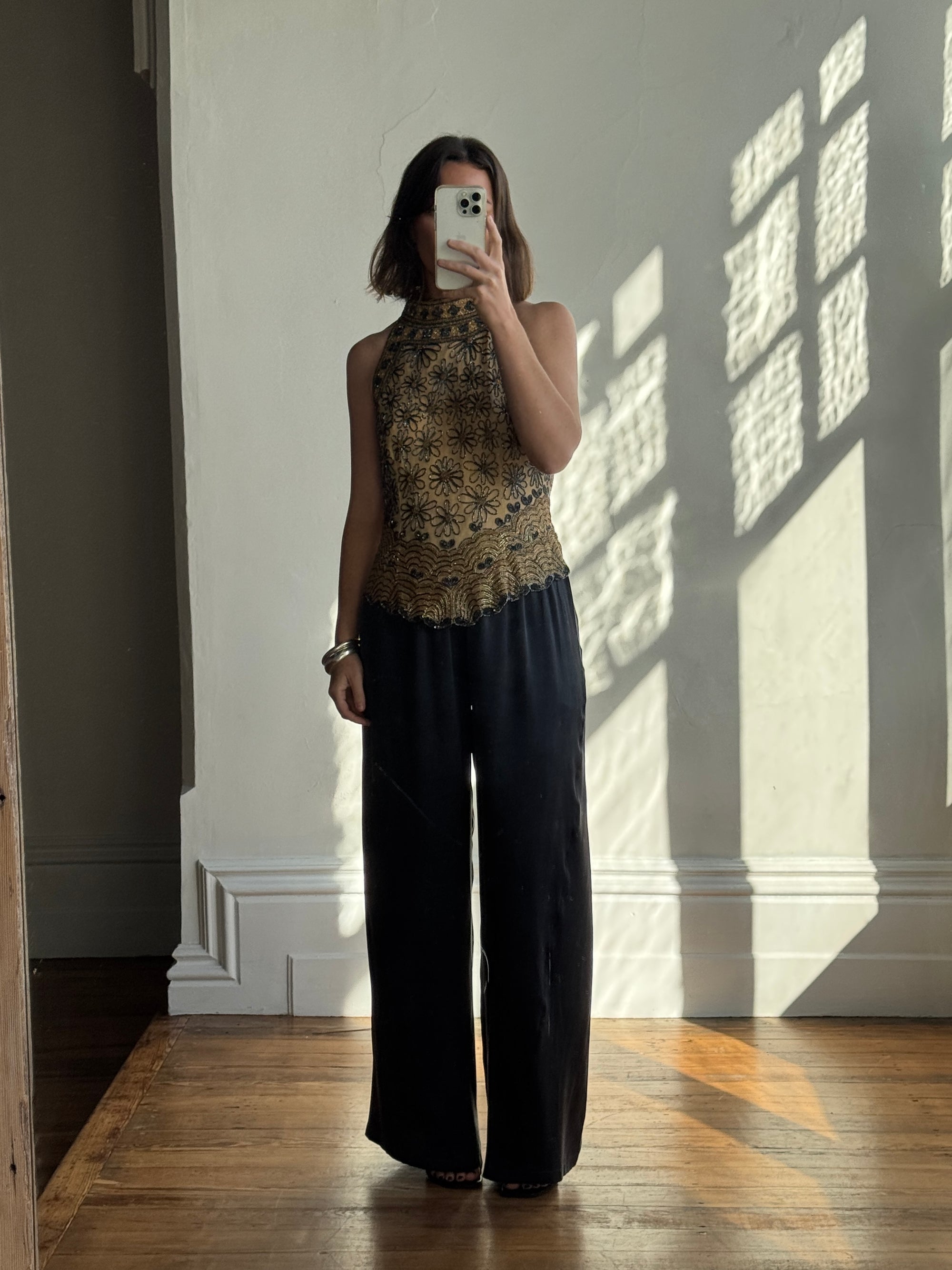 Vintage 90s Beaded Silk High Neck Top Golden Noir