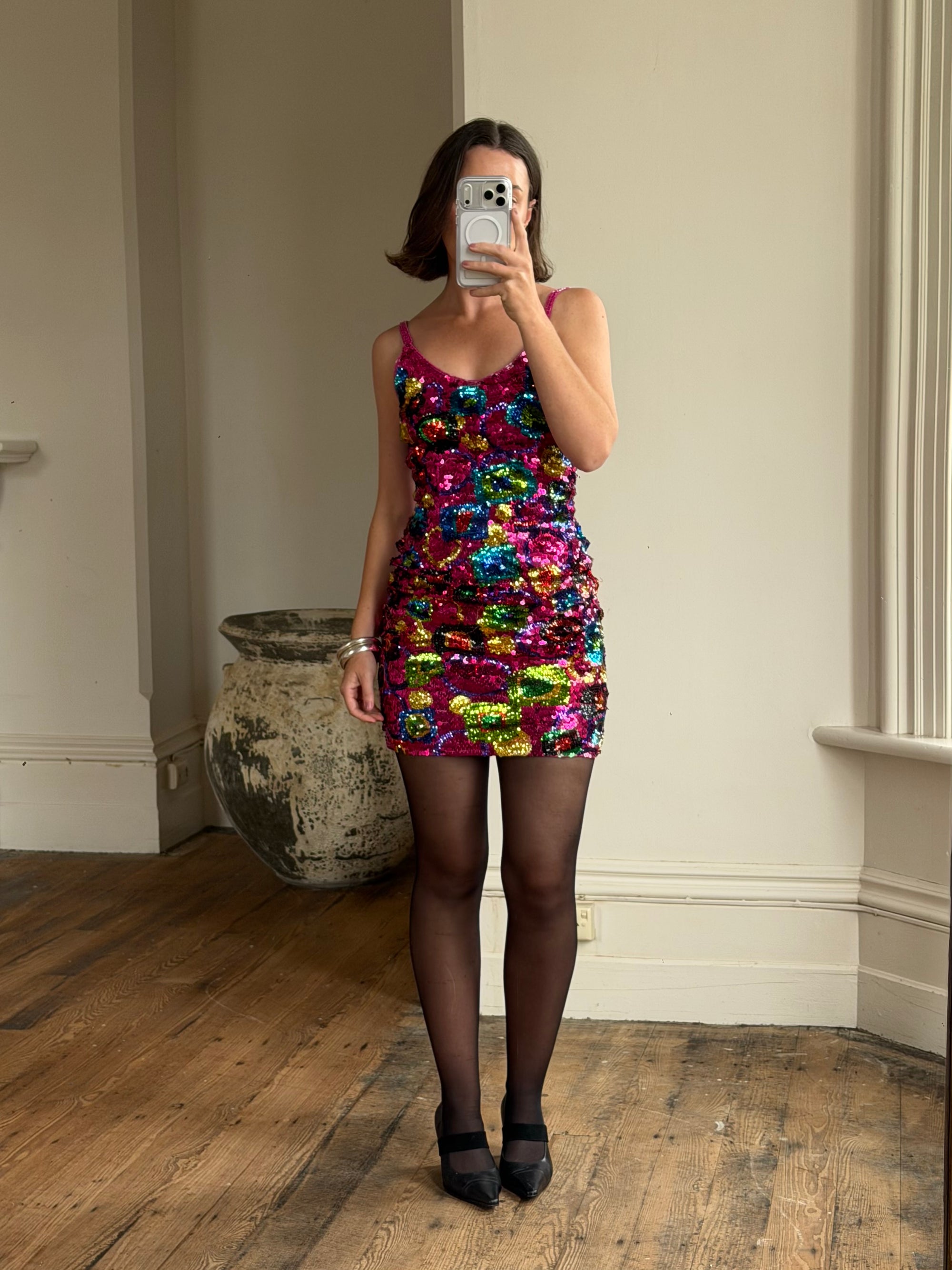 Vintage 90s Rainbow Disco Sequin Party Mini Dress