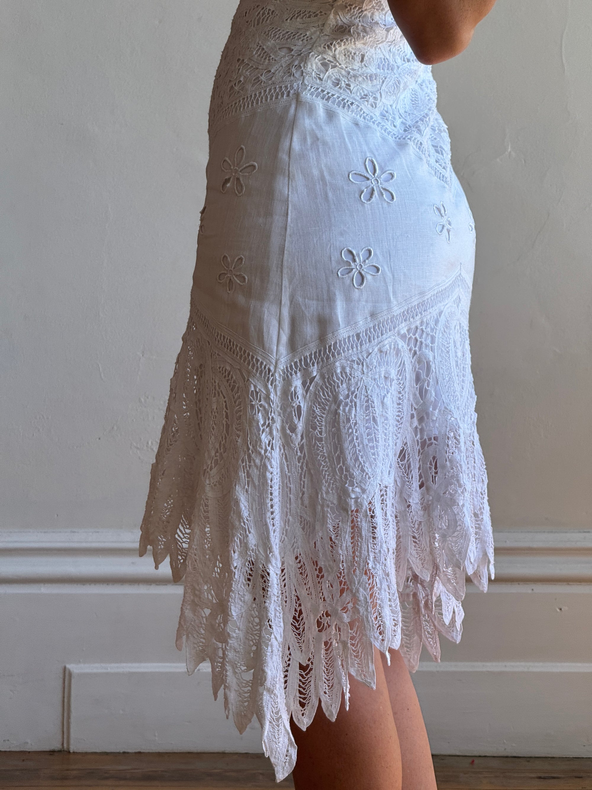 Vintage 90s Crochet Linen Handkerchief Halter Dress