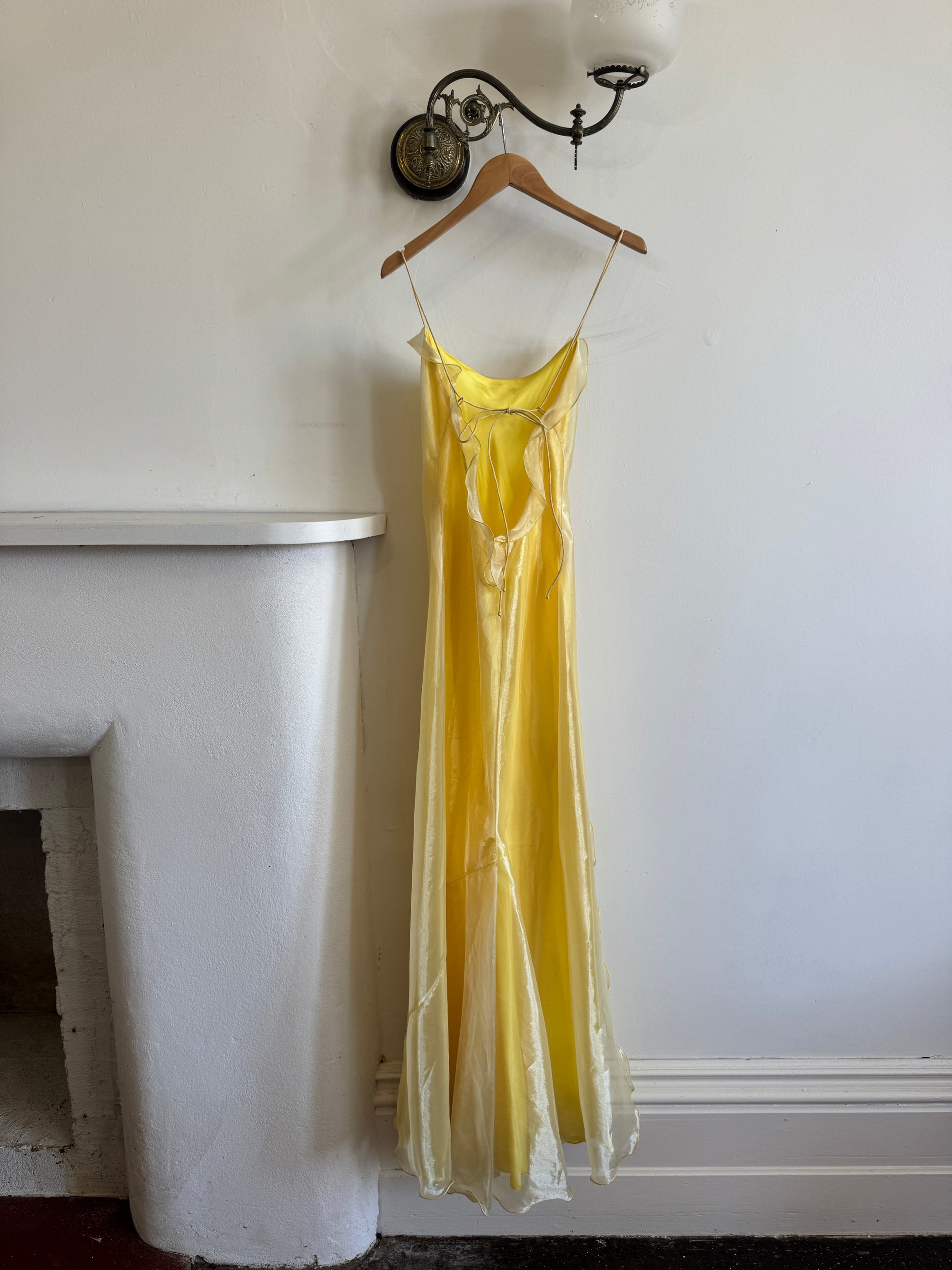 Vintage 90s Organza Yellow Ruffle Prom Slip Dress
