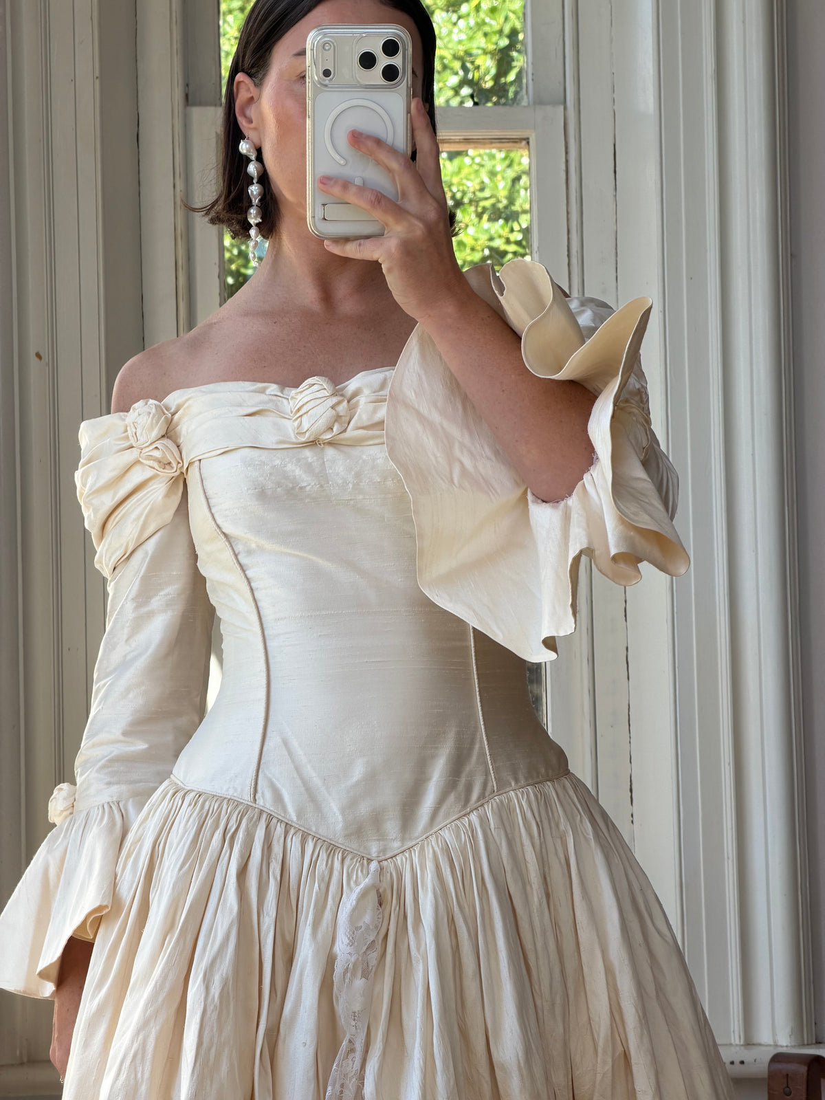 Vintage 90s Silk Dupion Off Shoulder Rosette Bridal Ballgown