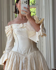 Vintage 90s Silk Dupion Off Shoulder Rosette Bridal Ballgown