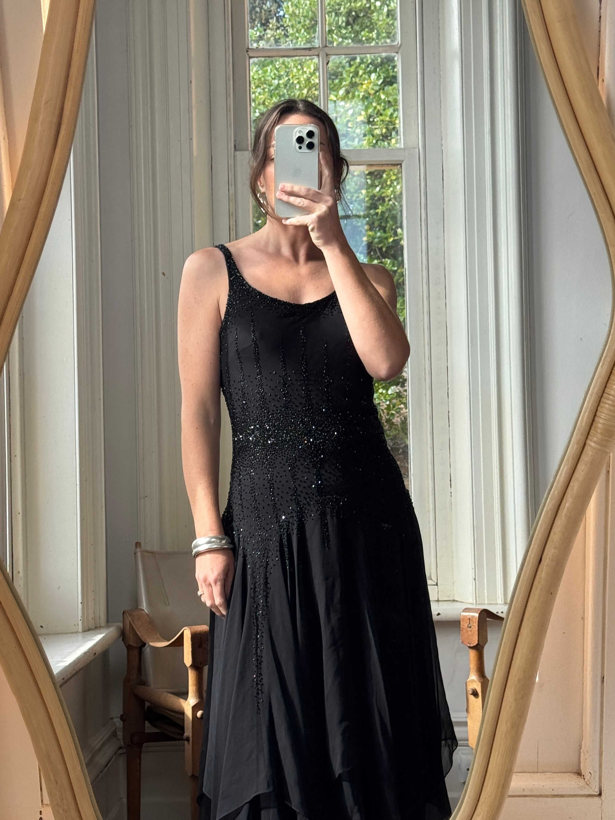 Vintage 90s Pure Silk Backless Beaded Fairy Dress Noir Call Me The Breeze Vintage 90s Pure Silk Backless Beaded Fairy Dress Noir Call Me The Breeze
