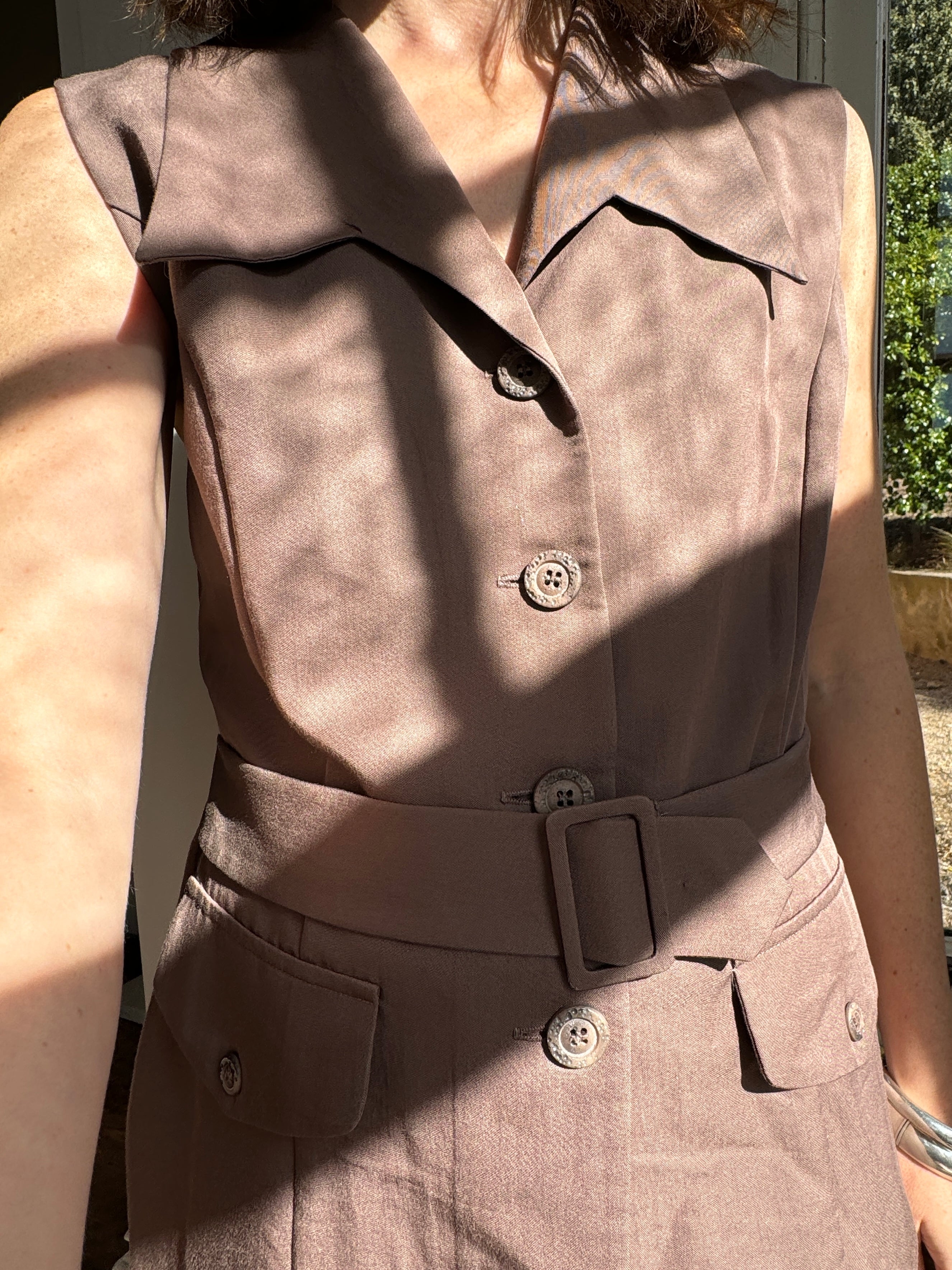 Vintage Taupe Brown Belted Utility Vest