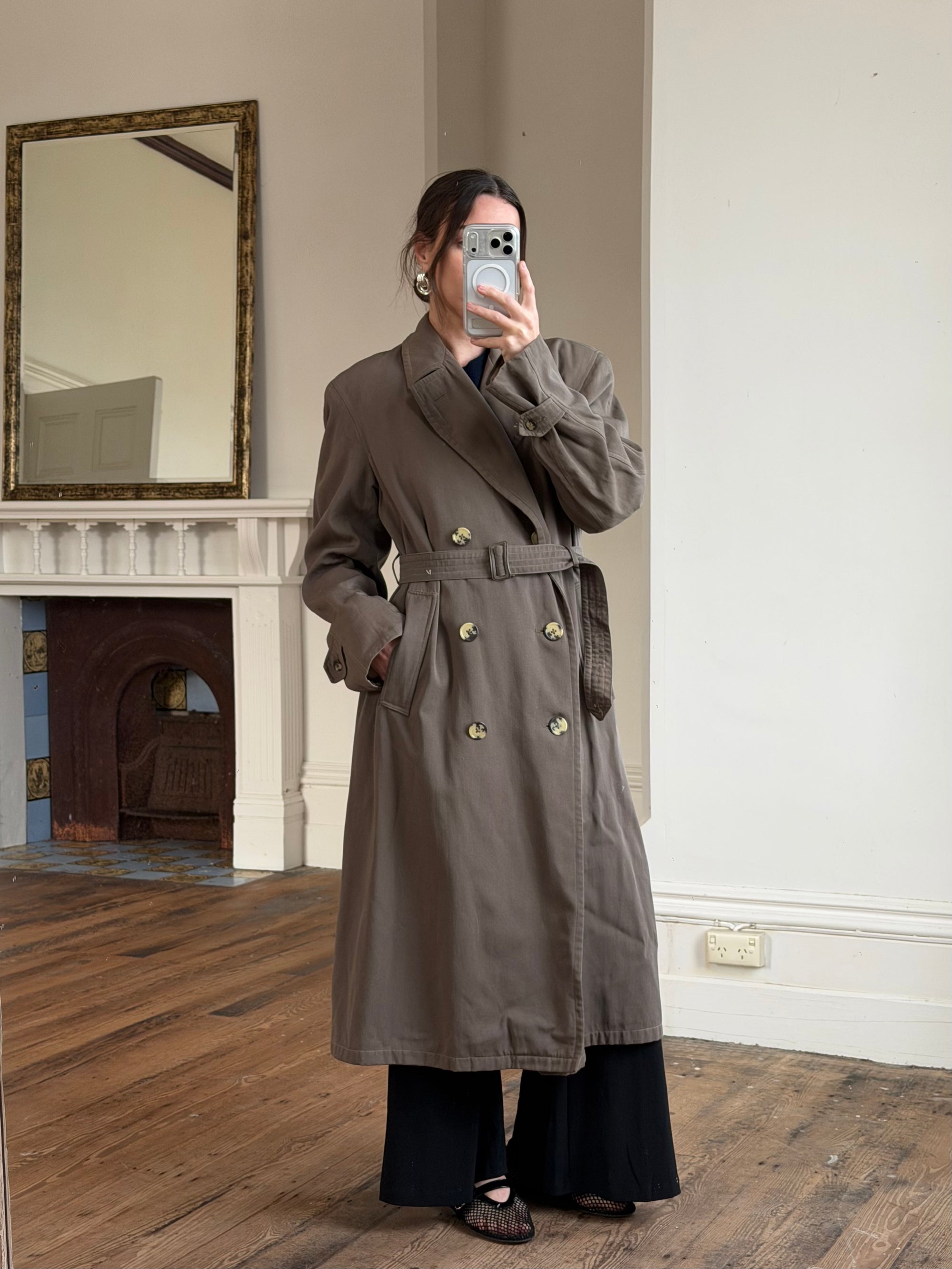 Vintage 70s Showerproof Double Breasted Trench Coat Olive